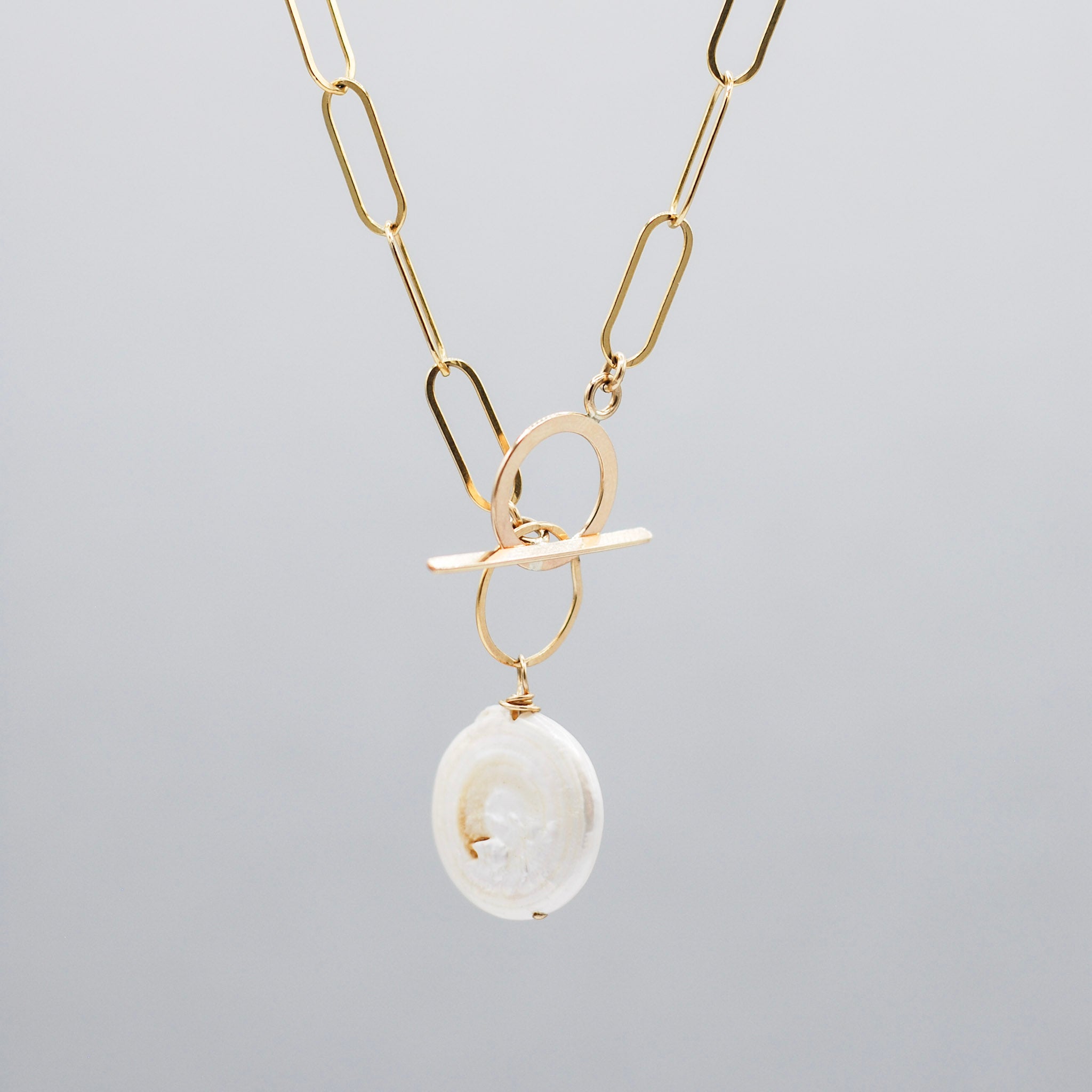 14k Gold Filled Extra Large Toggle Necklace & Pearl Charm Set - Jewel Ya