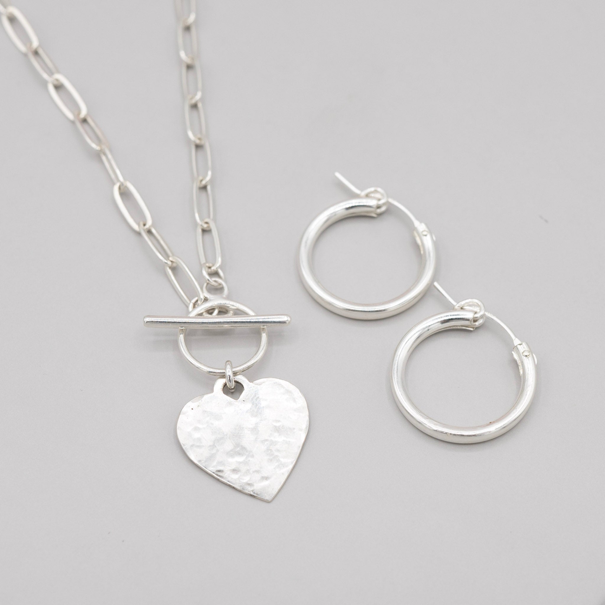 Sterling Silver Heart Toggle Necklace & Tube Hoop Set - Jewel Ya