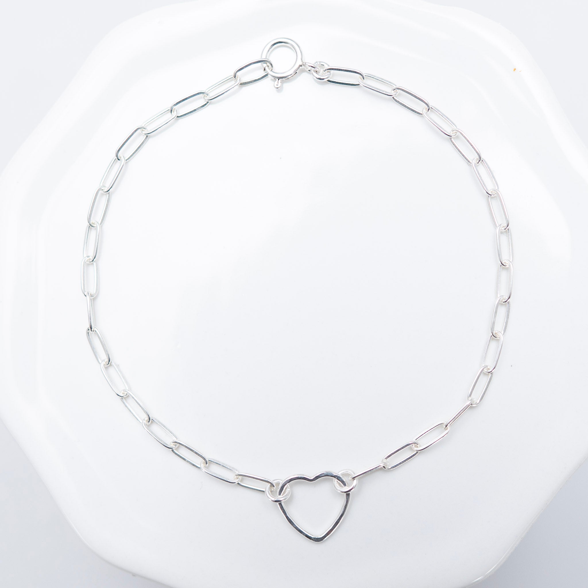 Sterling Silver Small Paperclip Heart Link Bracelet