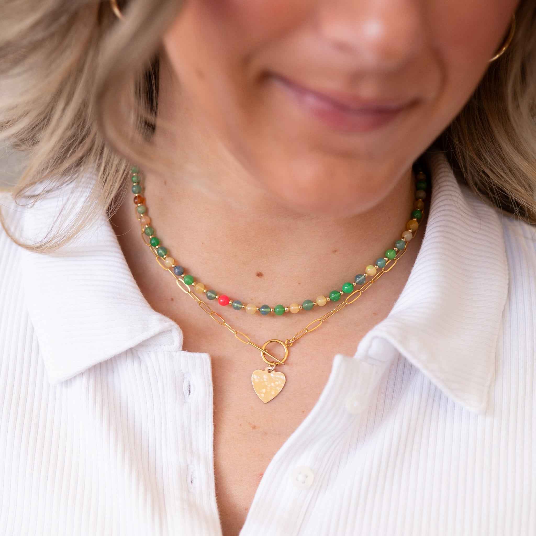 Summer Necklace Layering - Colorful Summer Layers - Multicolor Opal Necklcae and Heart Layering Chain