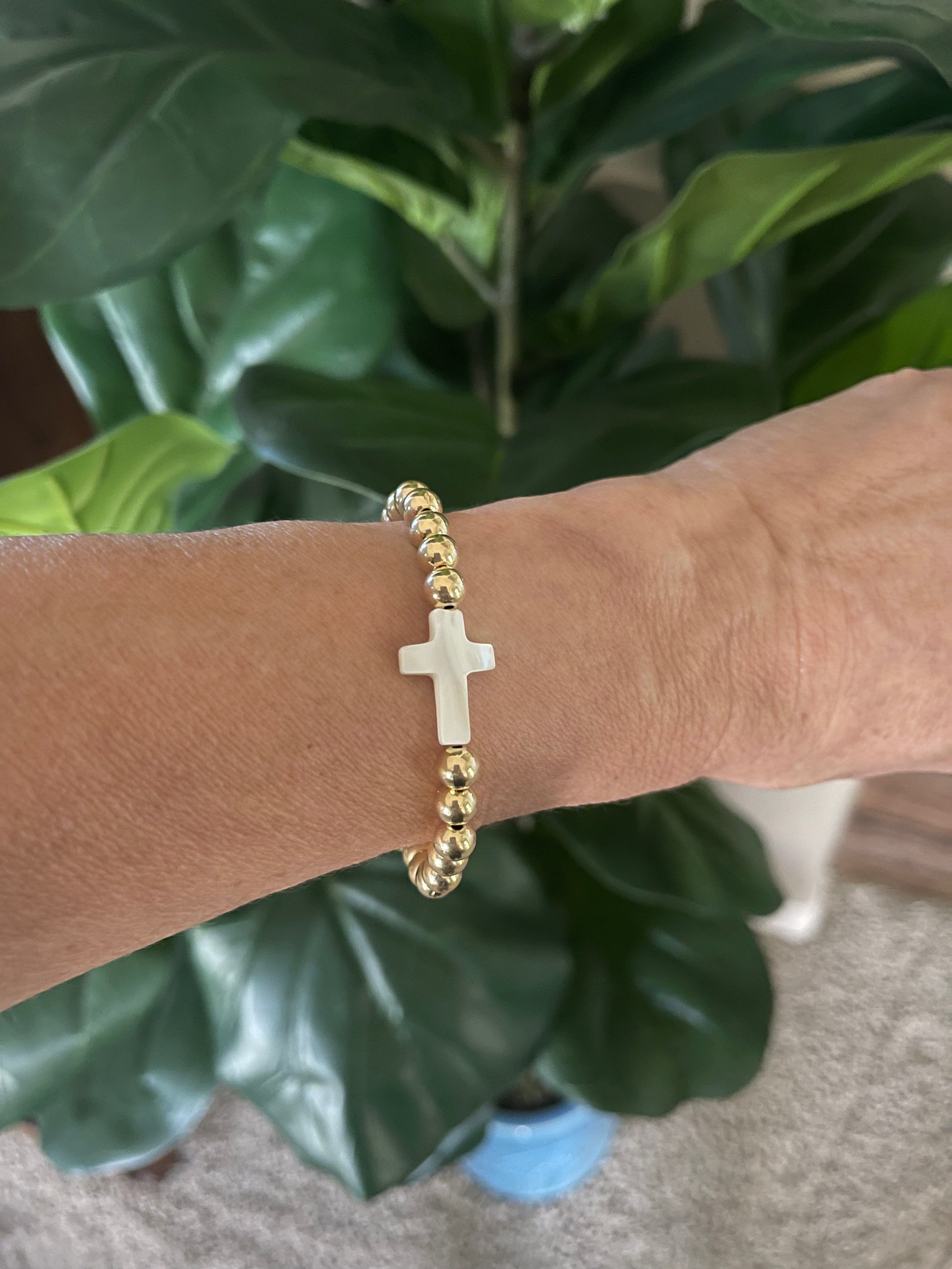 6mm Beaded Lux & Mother of Pearl Cross Bracelet - Jewel Ya