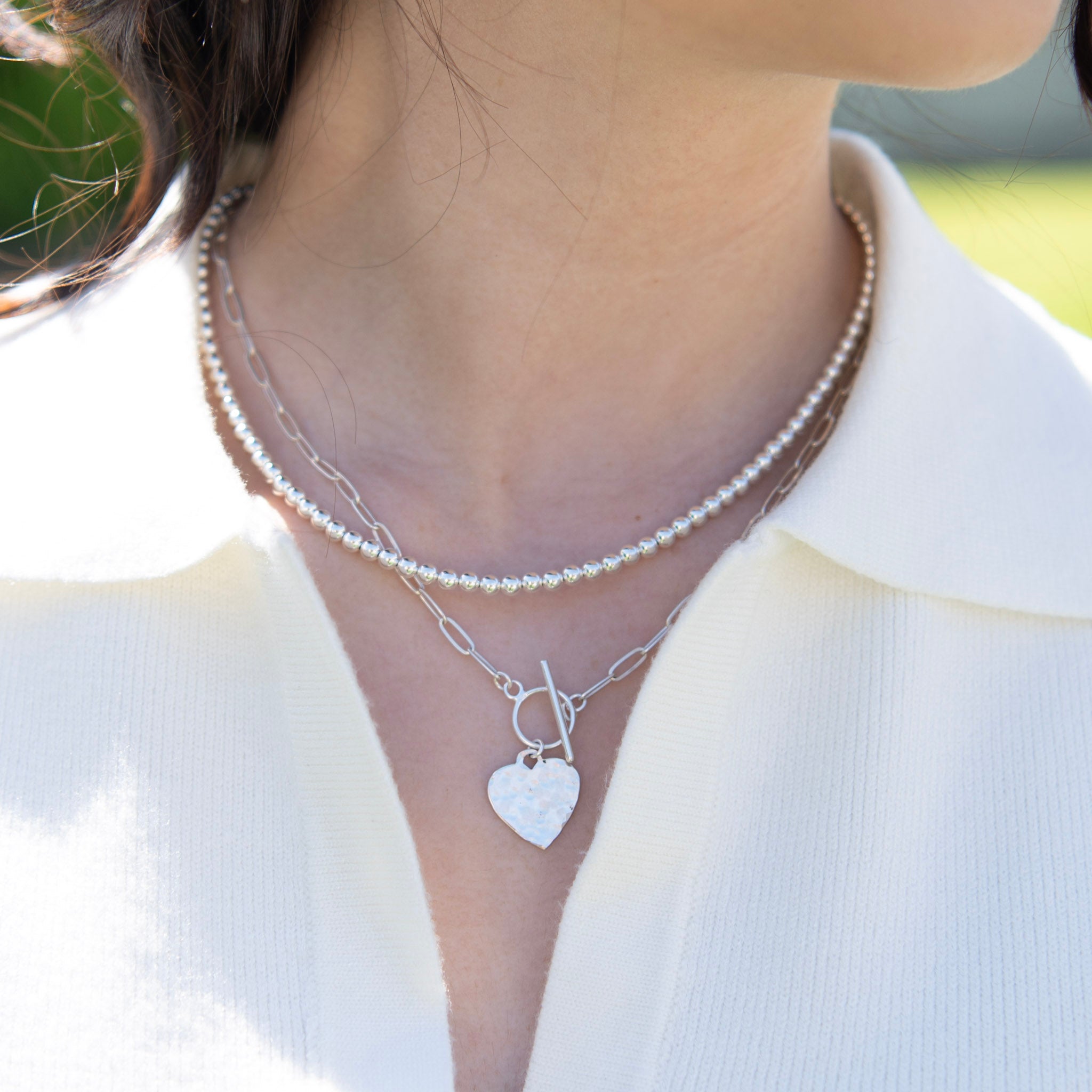 Sterling Silver Beaded Lux & Heart Toggle Necklace Set - Jewel Ya