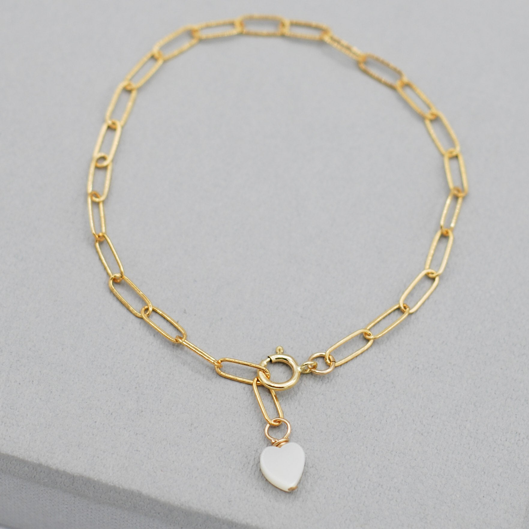 14k Gold Filled Paper Clip Heart Charm Bracelet