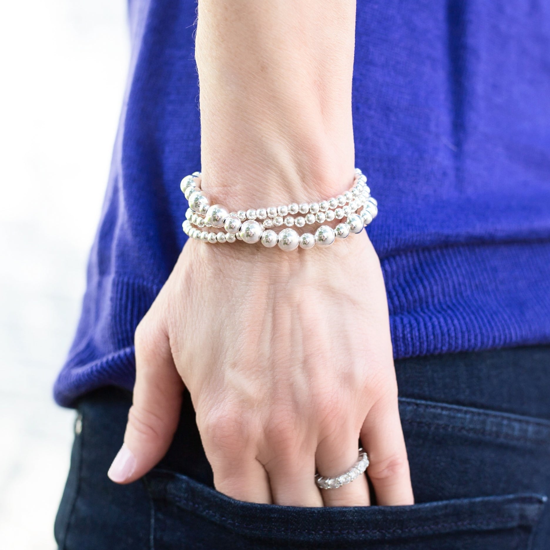 Sterling Silver Beaded Lux Bracelet Trio Set - Jewel Ya