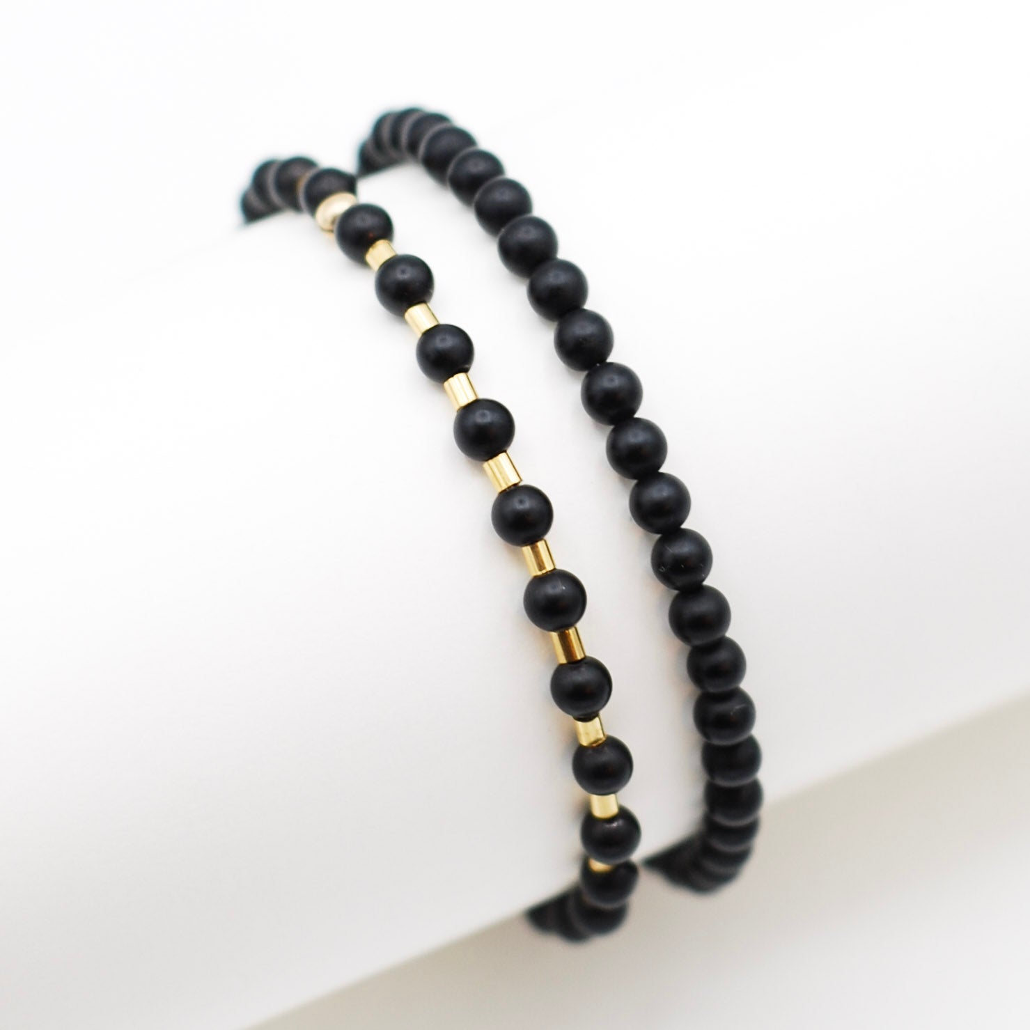 Black Onyx & 14k Gold Filled Tube Bracelet Set - Jewel Ya