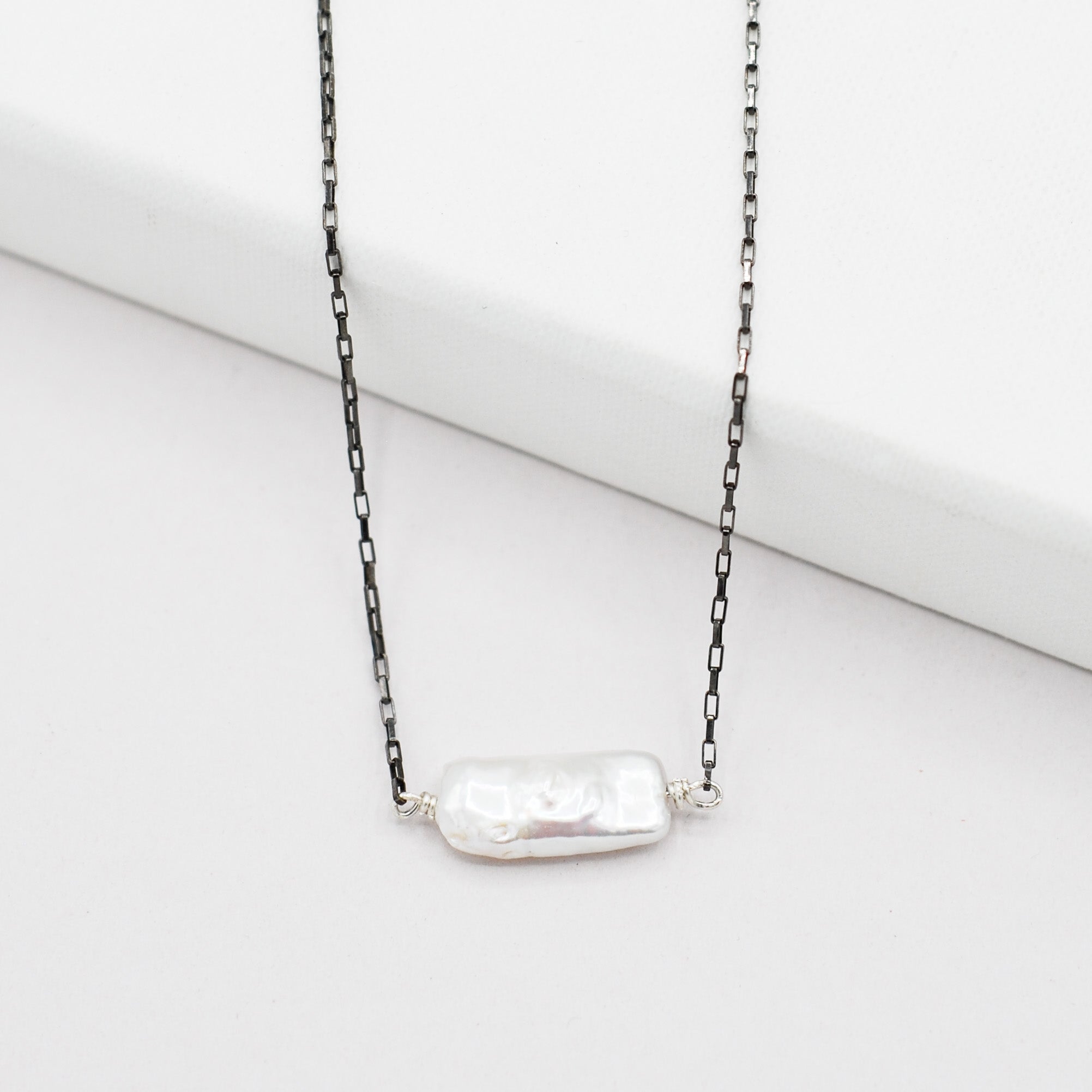 Freshwater Pearl & Petite Black Diamond Chain Necklace