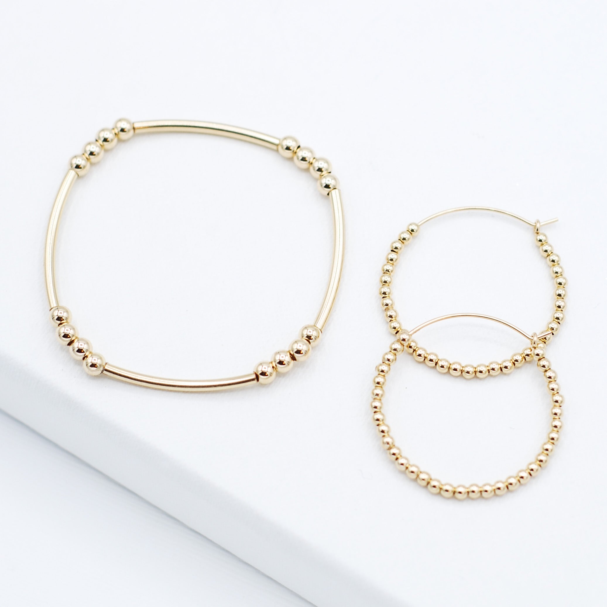 14k Gold Filled Bracelet & Hoop Beaded Lux Set