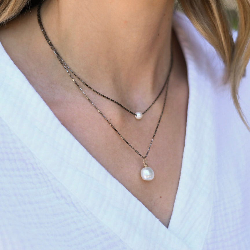 Freshwater Pearl & Black Diamond Petite Chain Necklace - Jewel Ya