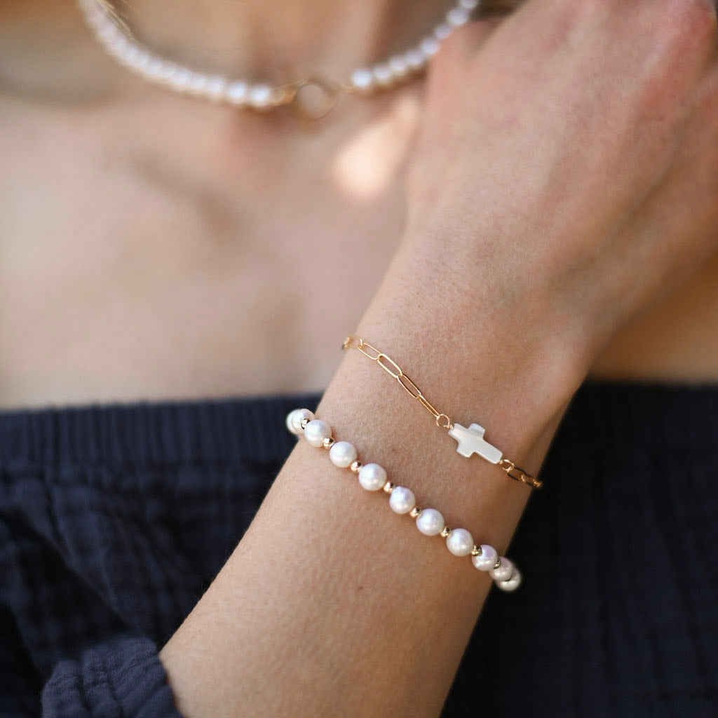 14k Gold Filled Cross & Freshwater Pearl Bracelet Set - Jewel Ya