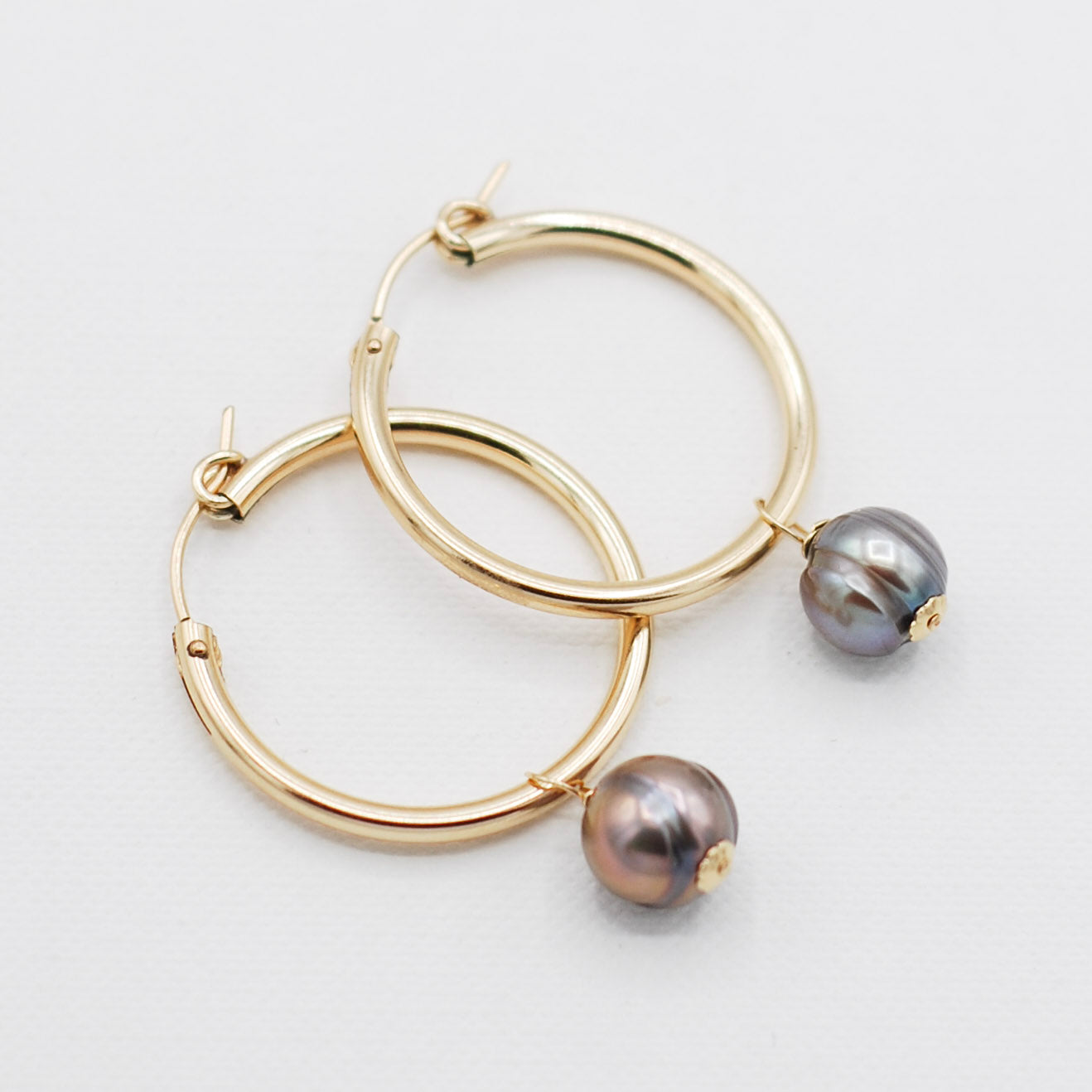 Peacock Gray Freshwater Pearl Ball Hoop Drops - Jewel Ya