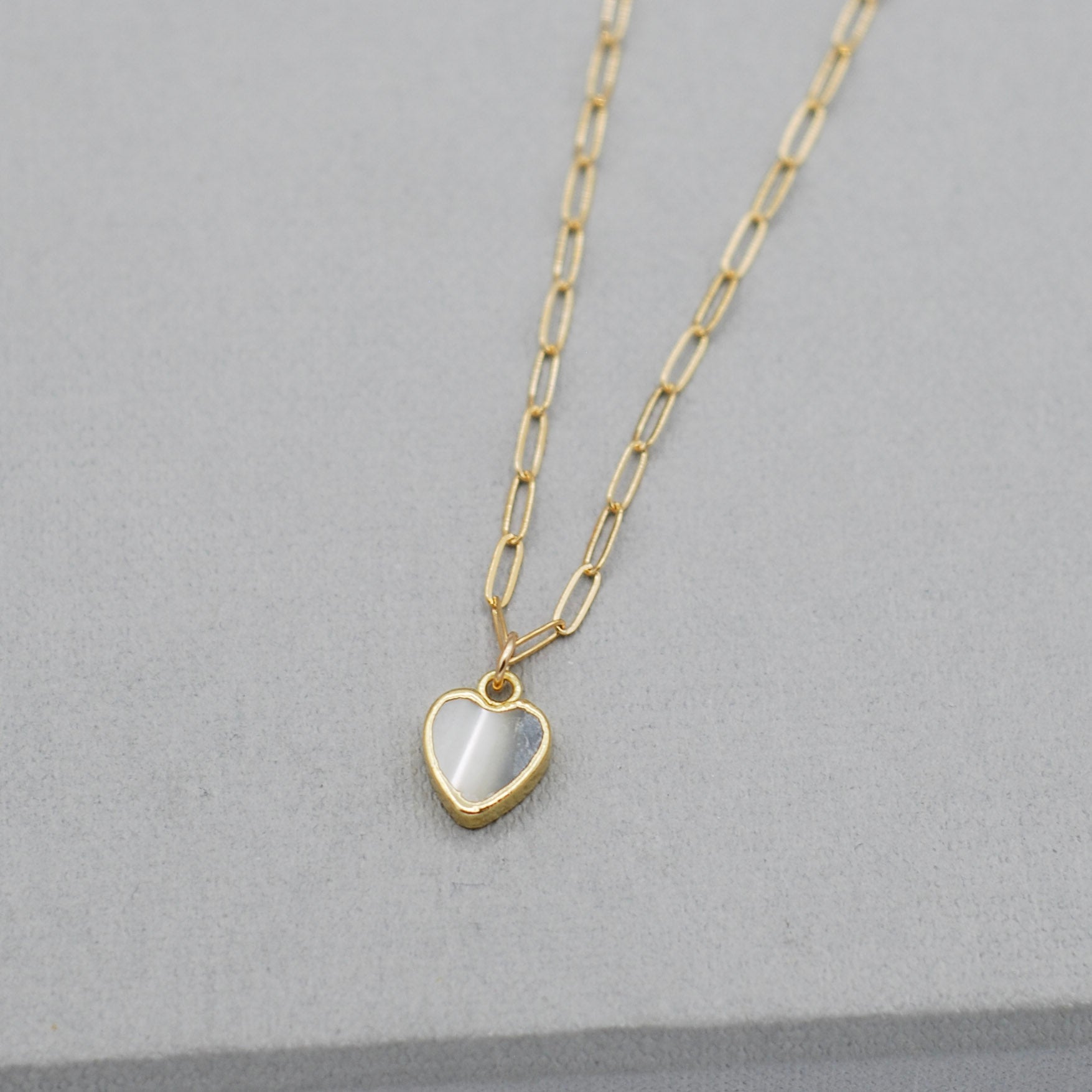 14k Gold Filled Paper Clip & Mother of Pearl Heart Necklace - Jewel Ya