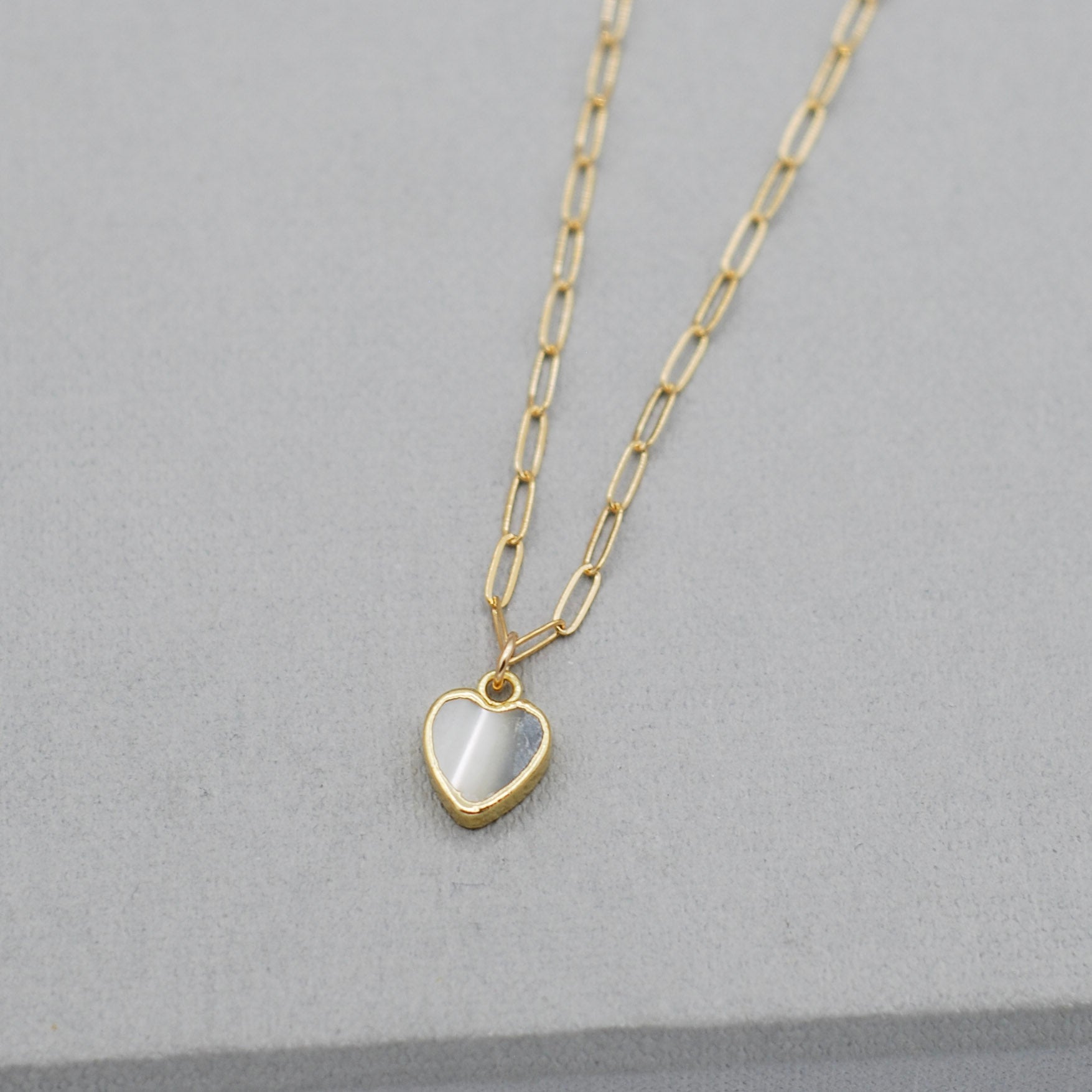 14k Gold Filled Paper Clip & Mother of Pearl Heart Necklace