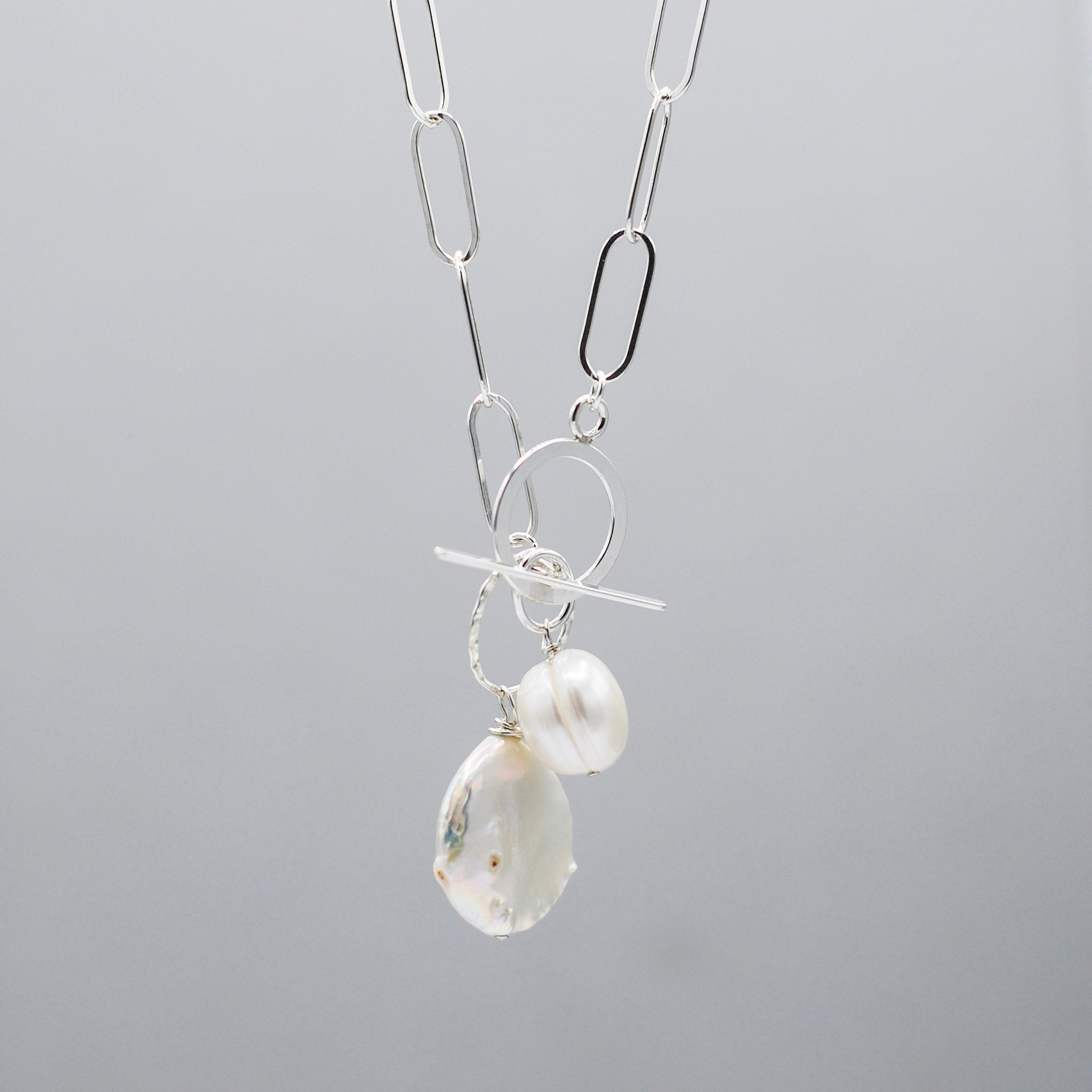 Freshwater pearl toggle necklace in sterling silver.