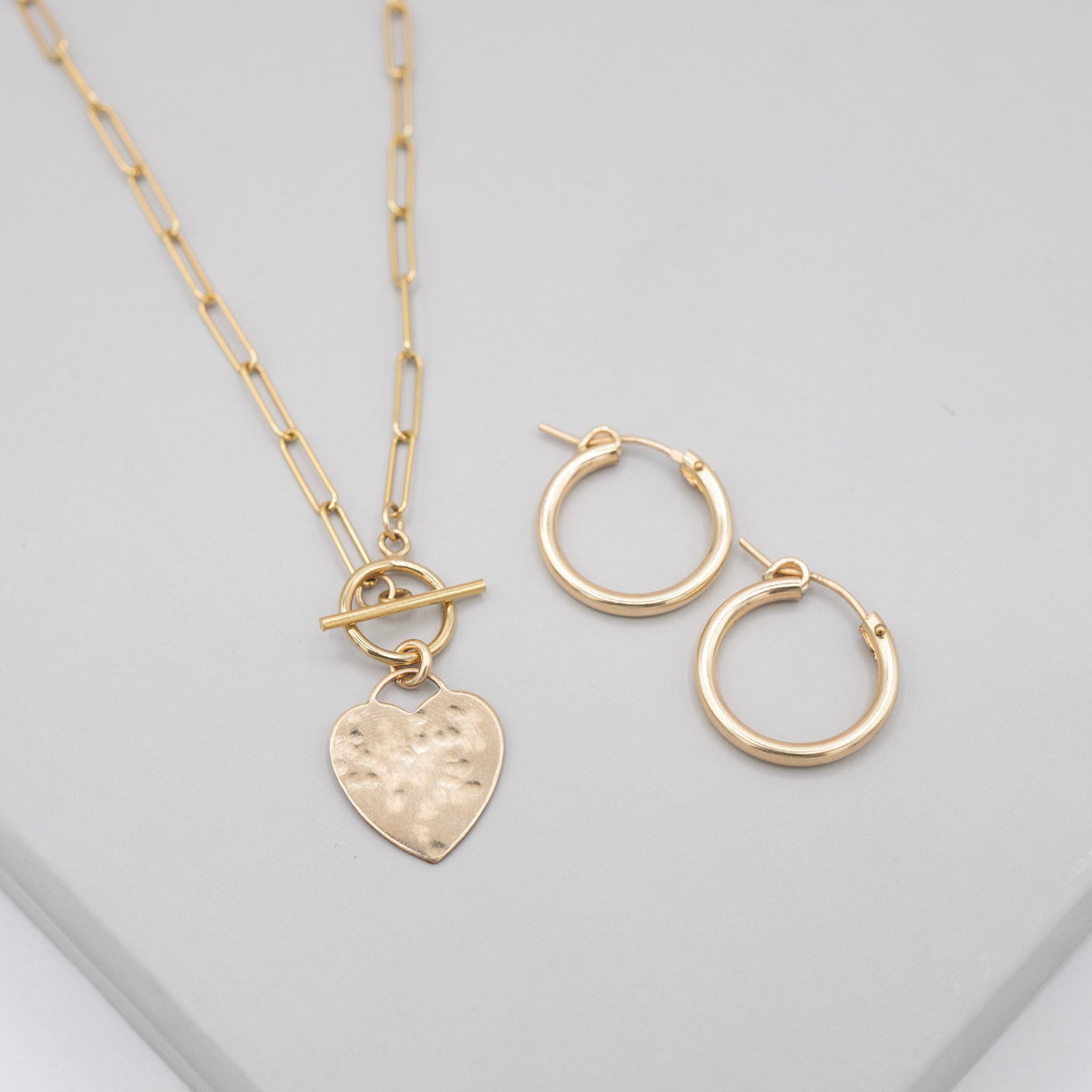 14k Gold Filled Heart Toggle Necklace & Tube Hoop Set
