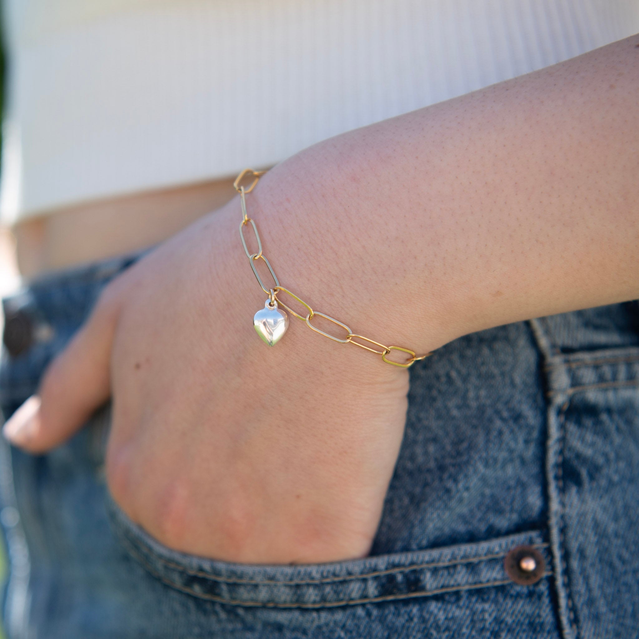 14k Gold Filled Paper Clip Heart Charm Bracelet - Jewel Ya