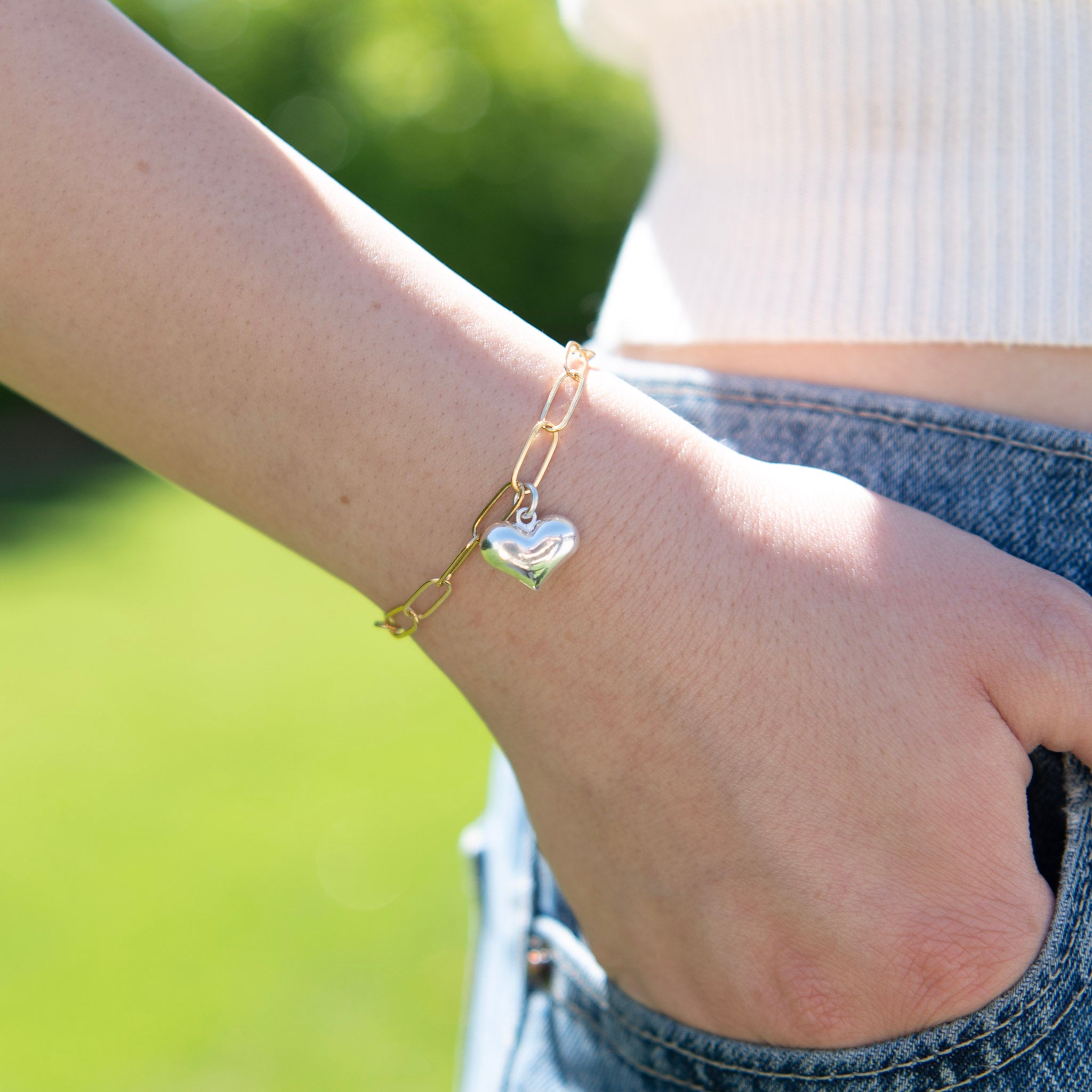 14k Gold Filled Paper Clip Heart Charm Bracelet - Jewel Ya