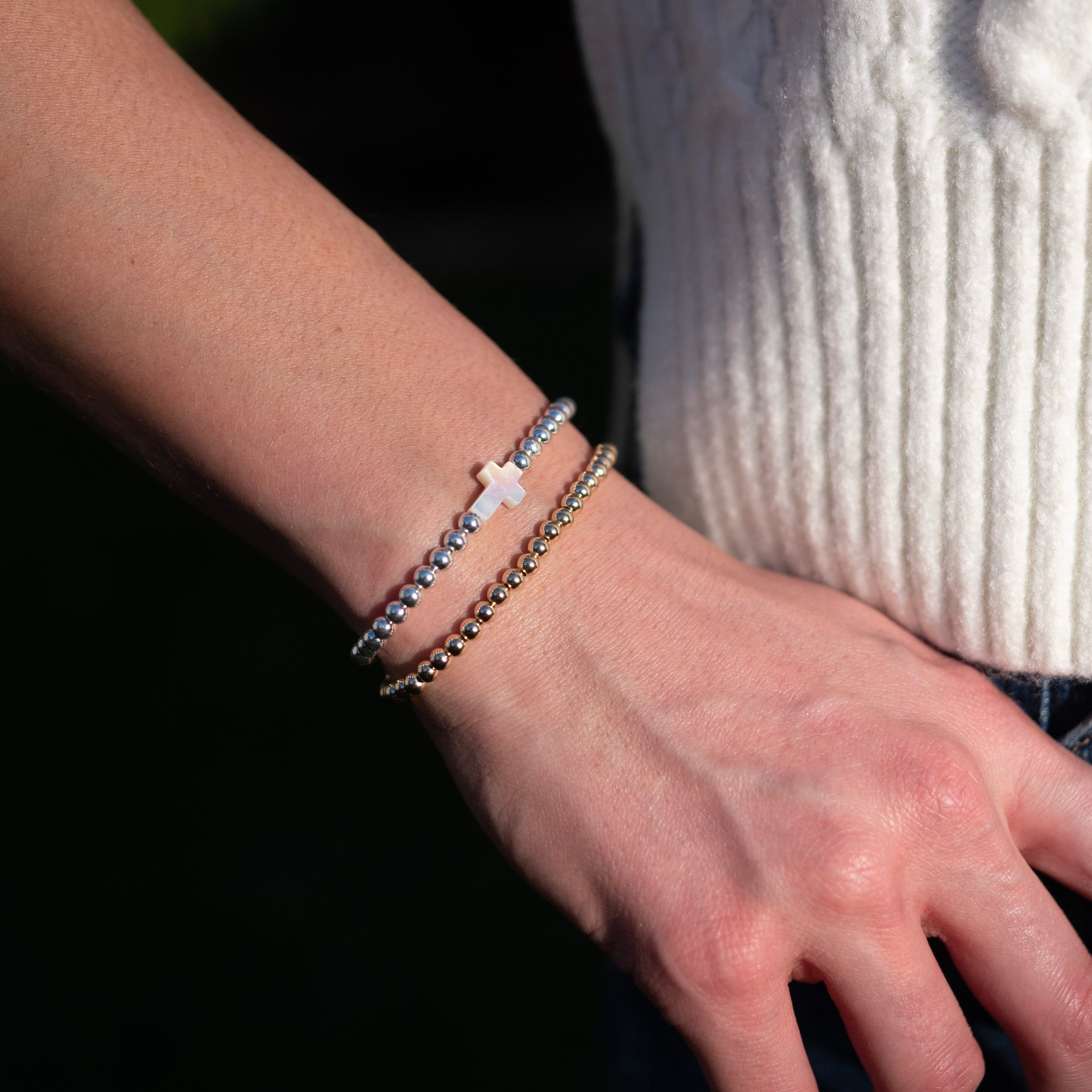 4mm Mother of Pearl Cross Beaded Lux Bracelet Set