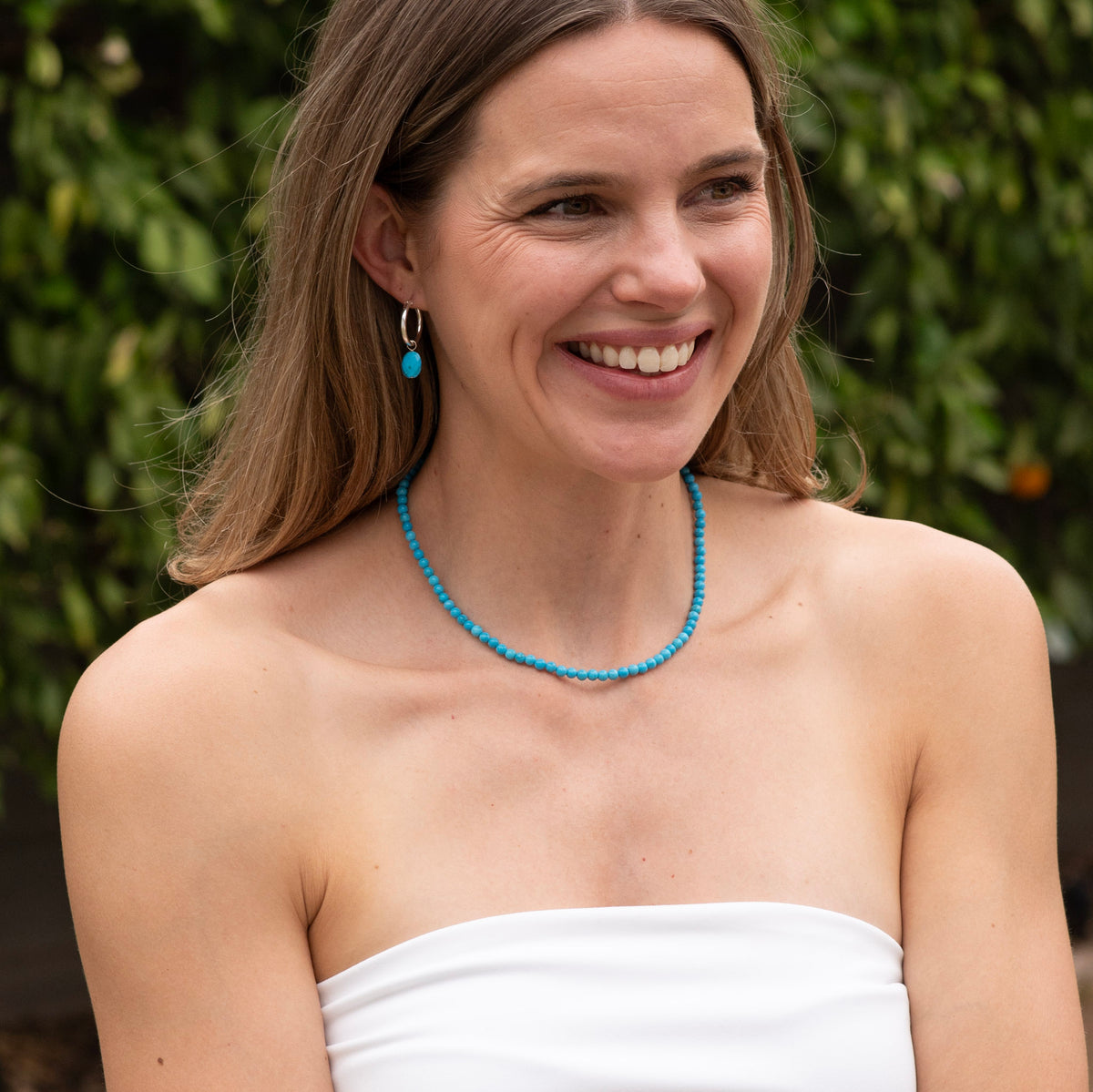 4mm Blue Turquoise Gemstone Necklace & Turquoise Hoop Drops
