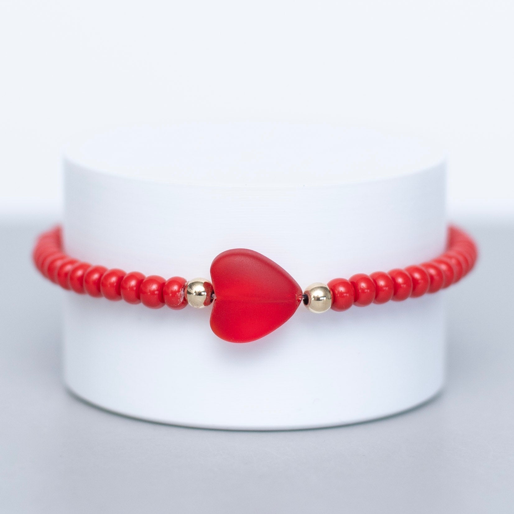 Americana Red Seed Bead Heart Stacker Bracelet