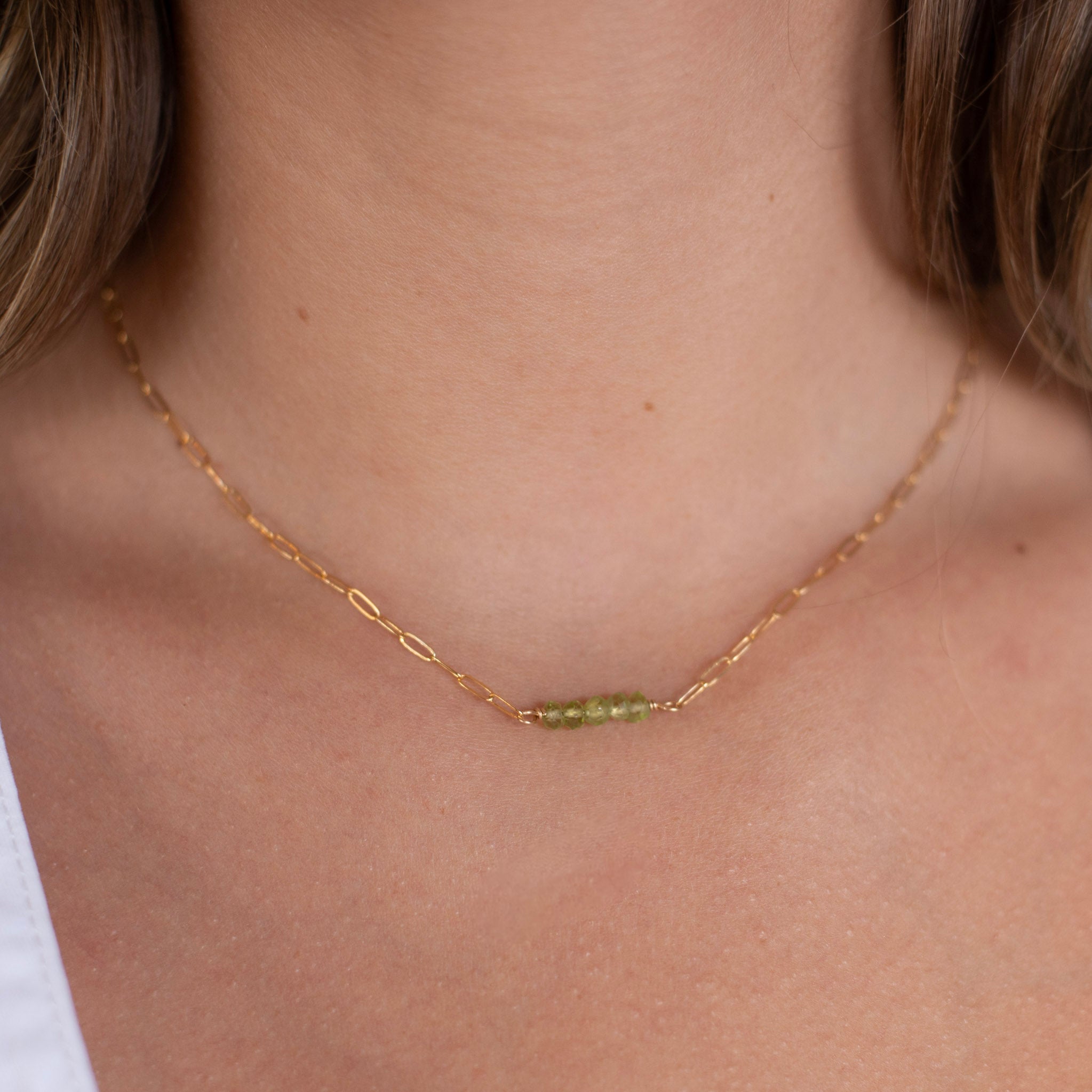 August Peridot Birthstone Sterling Silver & Gold Paper Clip Necklace