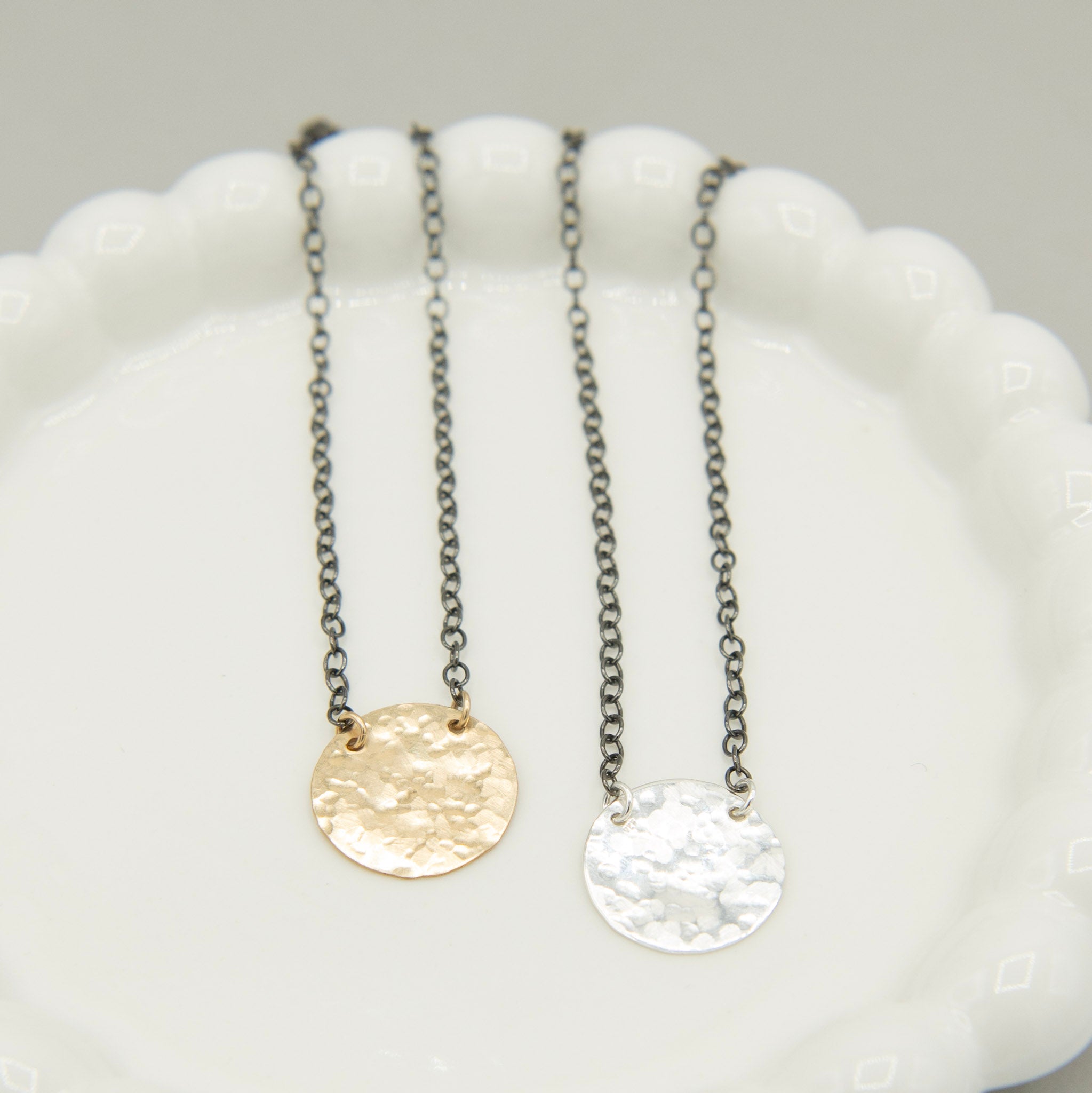 Black Sterling Silver Chain & Hammered Disc Necklace