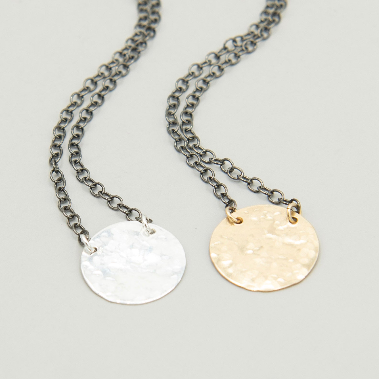 Black Sterling Silver Chain & Hammered Disc Necklace