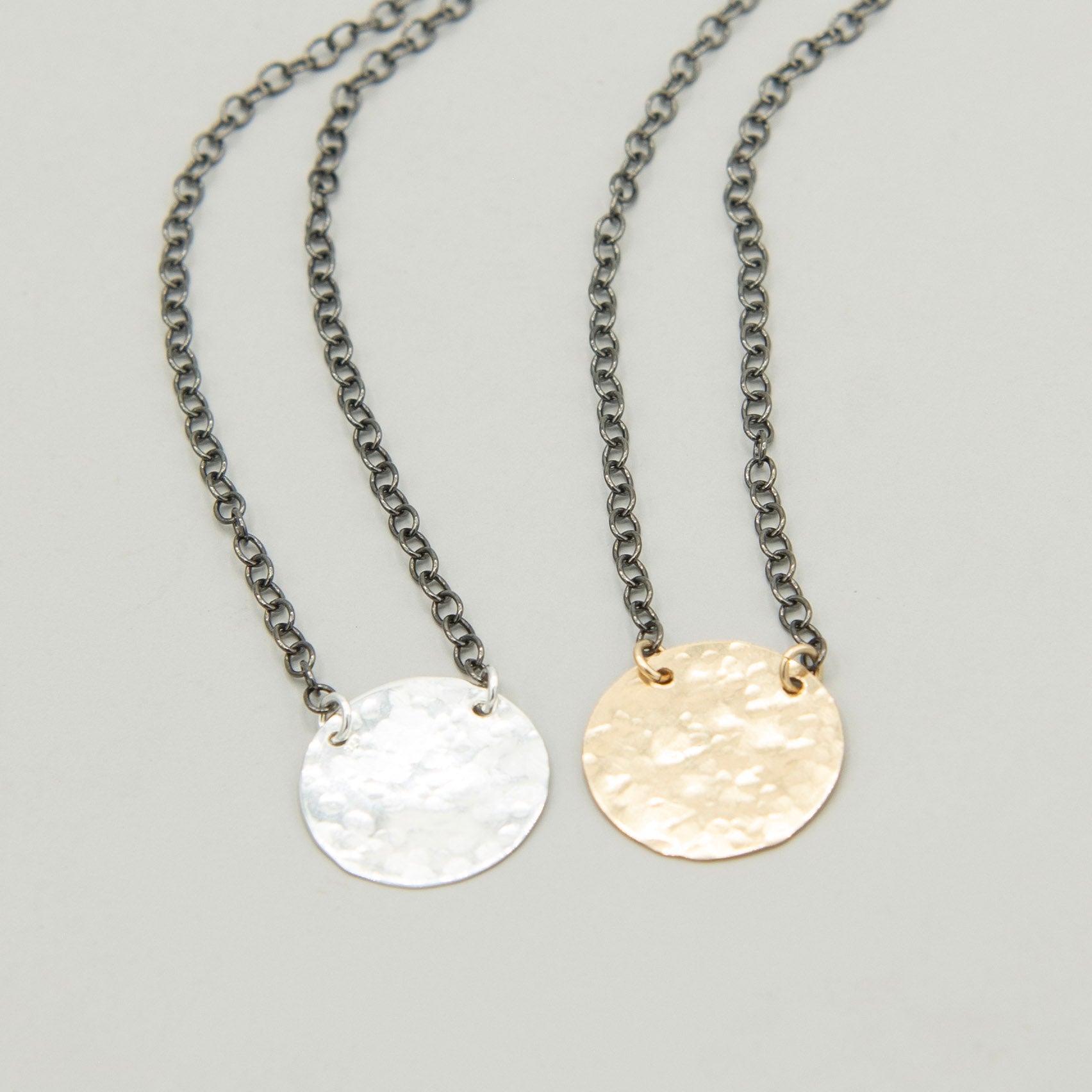 Black Sterling Silver Chain & Hammered Disc Necklace