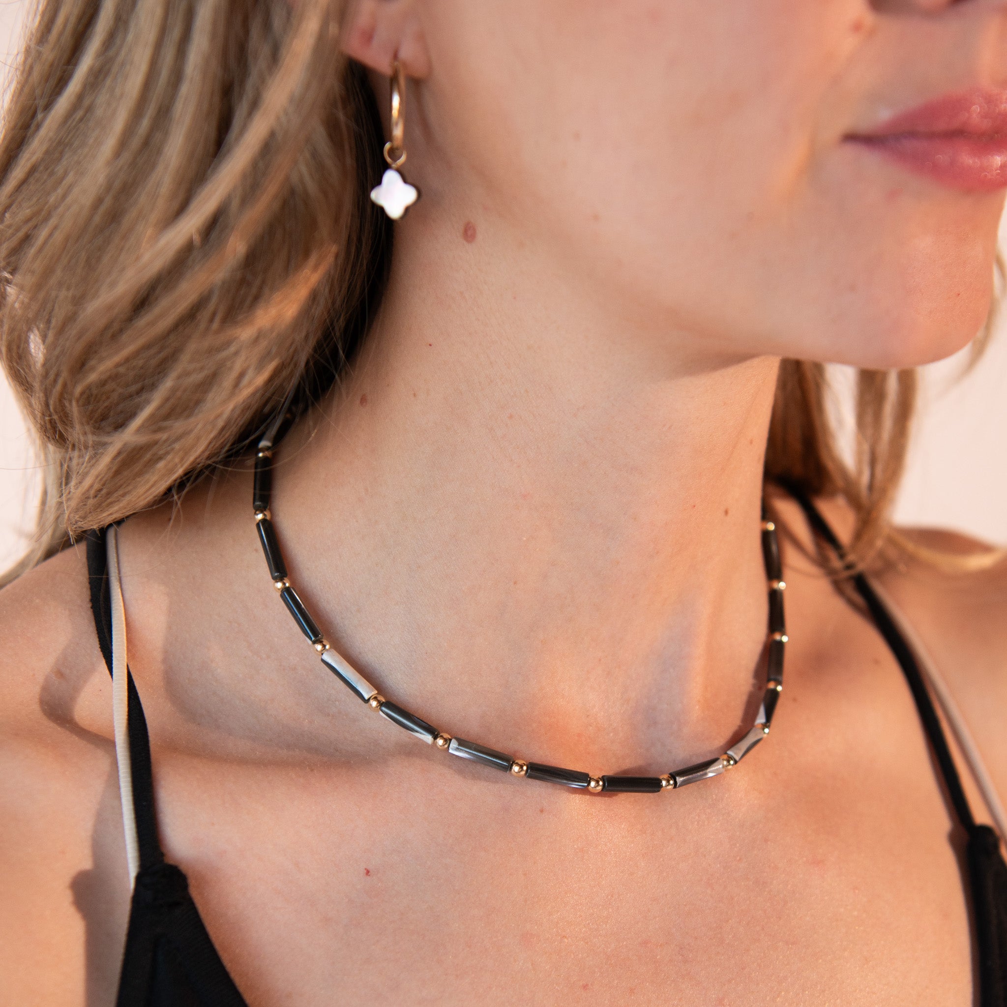 Black Mother of Pearl Beaded Lux Tube Necklace