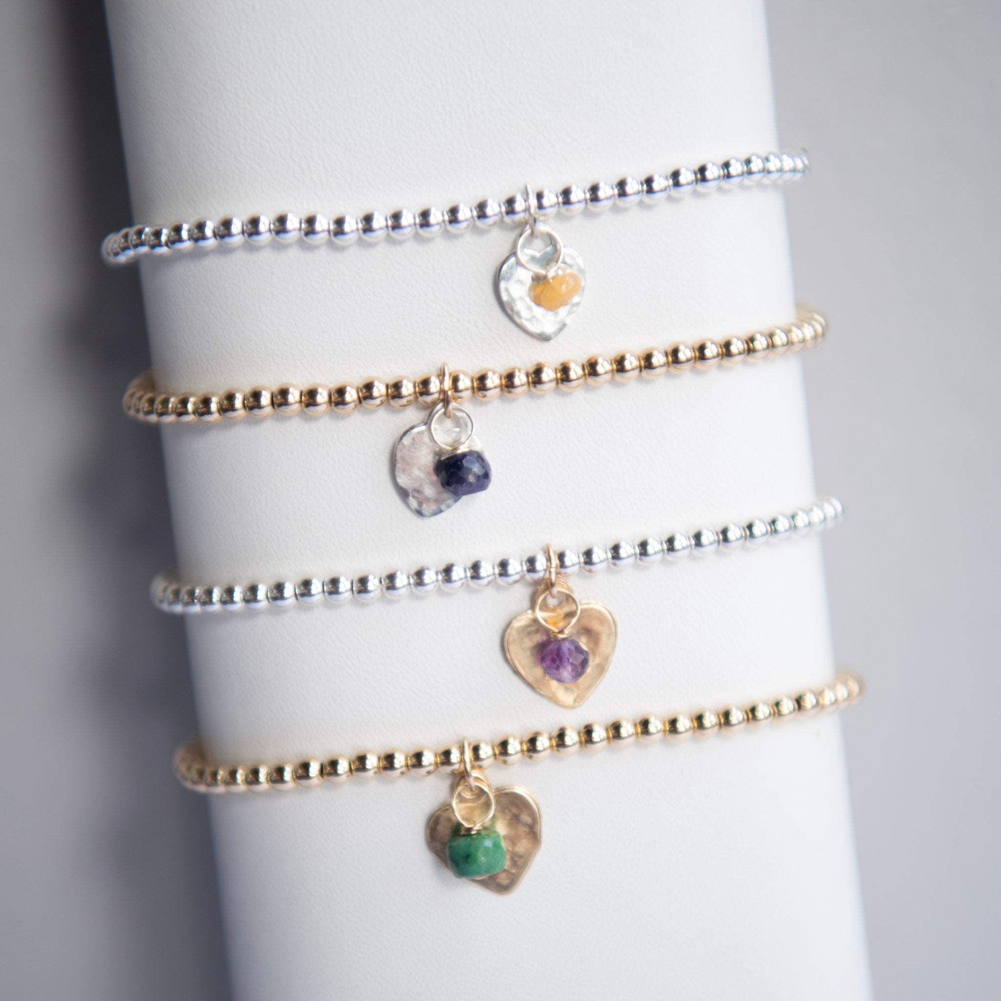 Custom 3mm Beaded Lux Birthstone Heart Bracelet