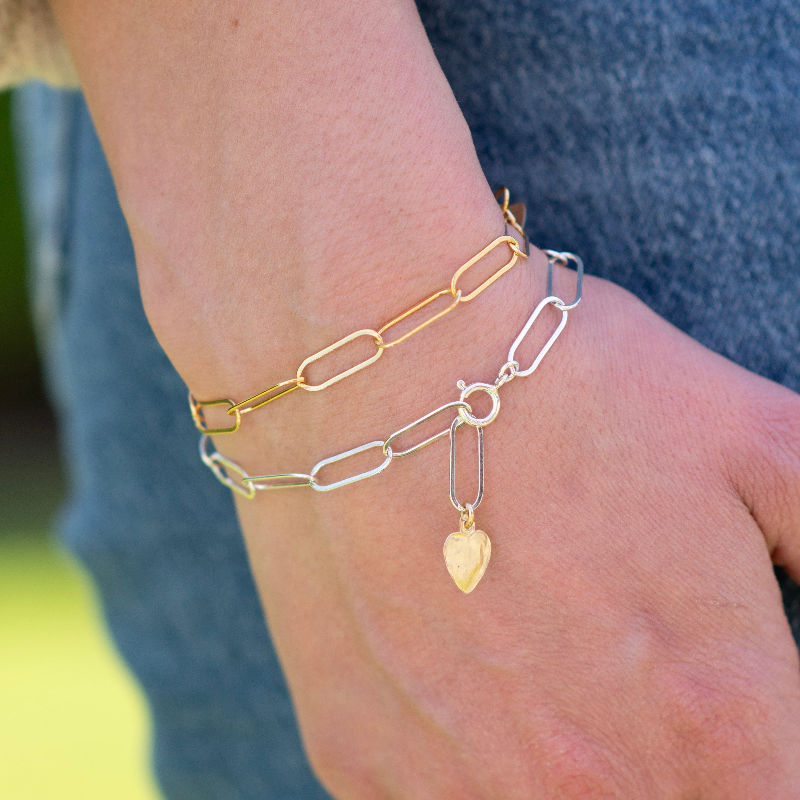 Large Mixed Metal Paper Clip Chain & Heart Bracelet Set