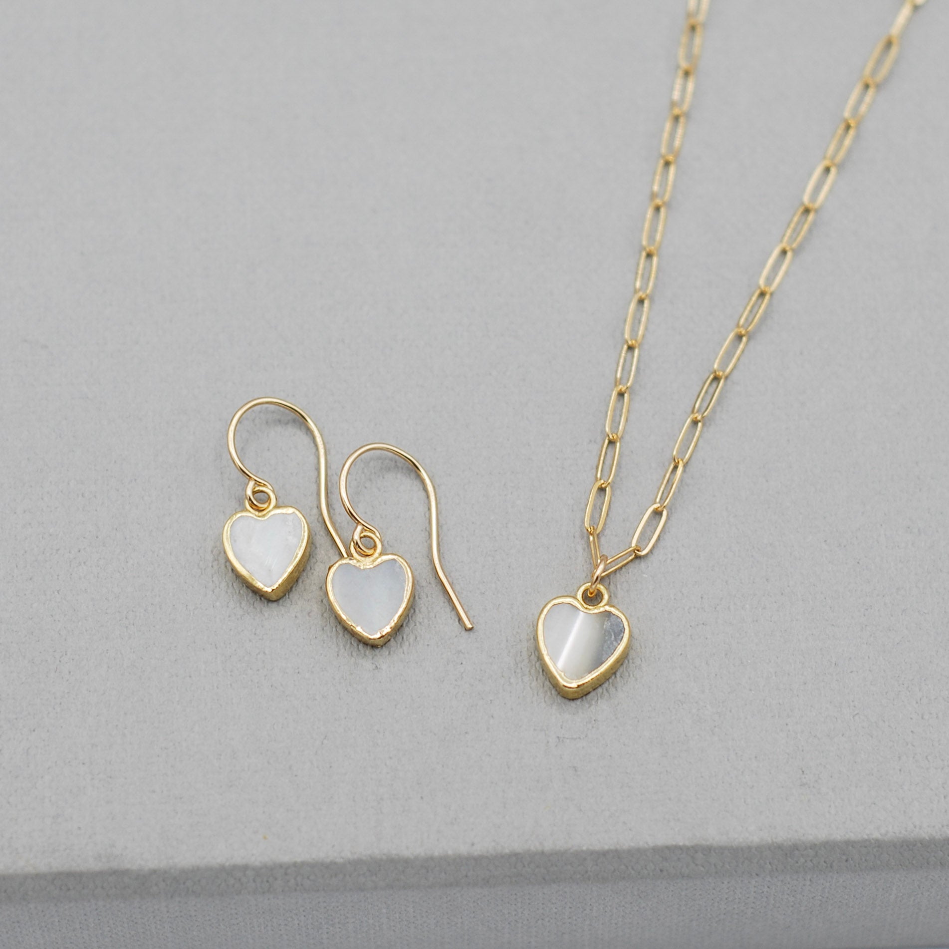 Mother of Pearl Heart 14k Gold Filled Necklace & Earring Set