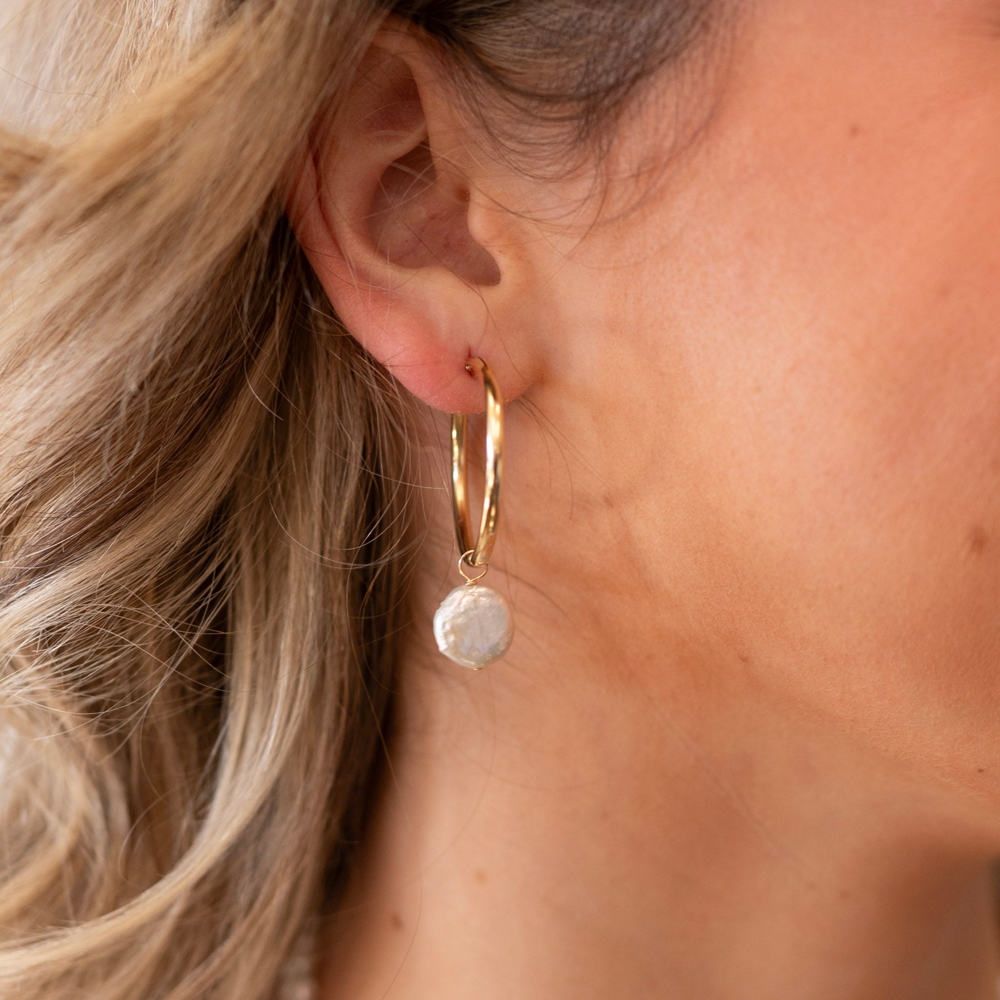 Freshwater Pearl Small Coin Hoop Drops - Jewel Ya