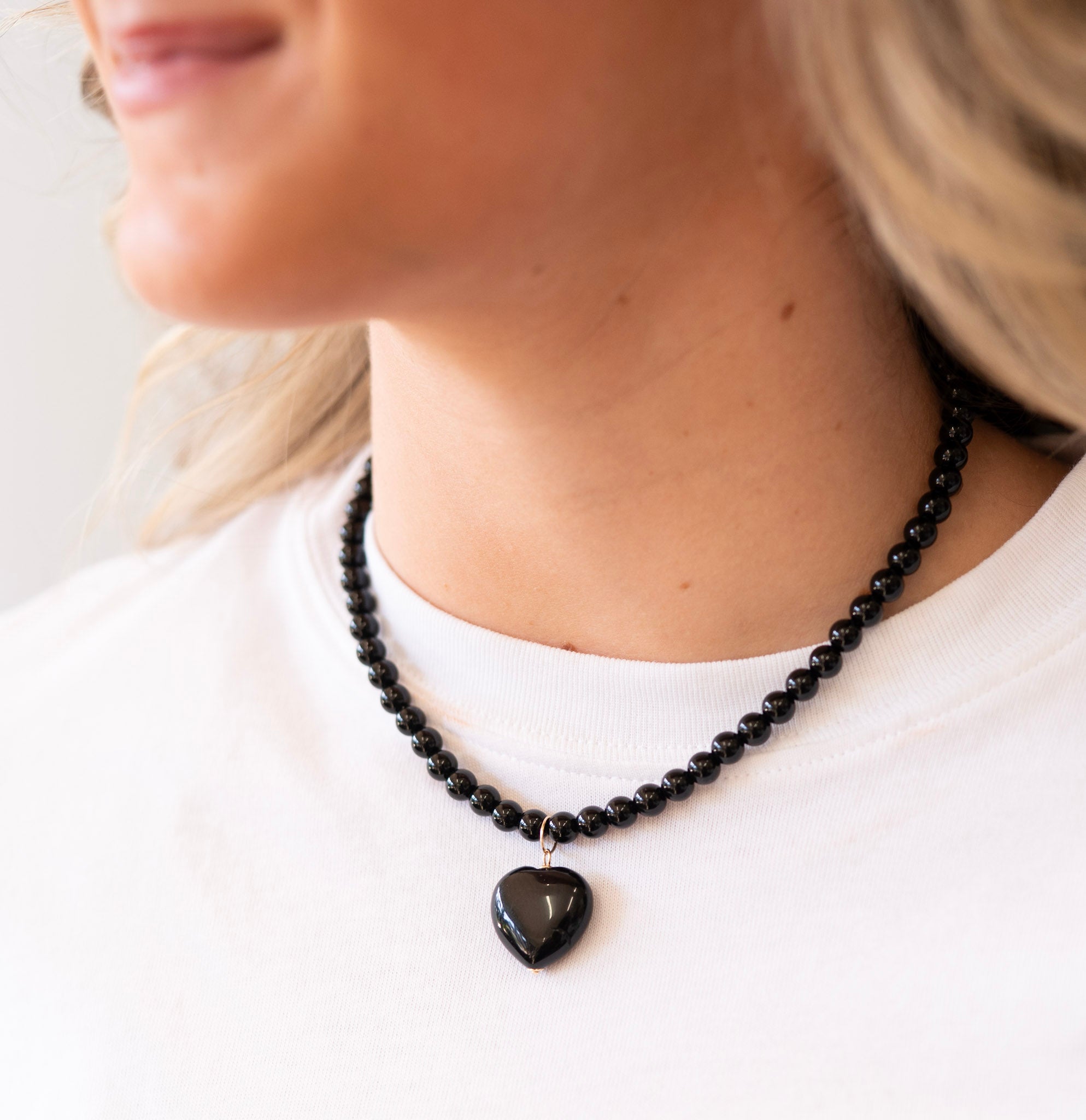 Black Onyx Beaded Heart Necklace