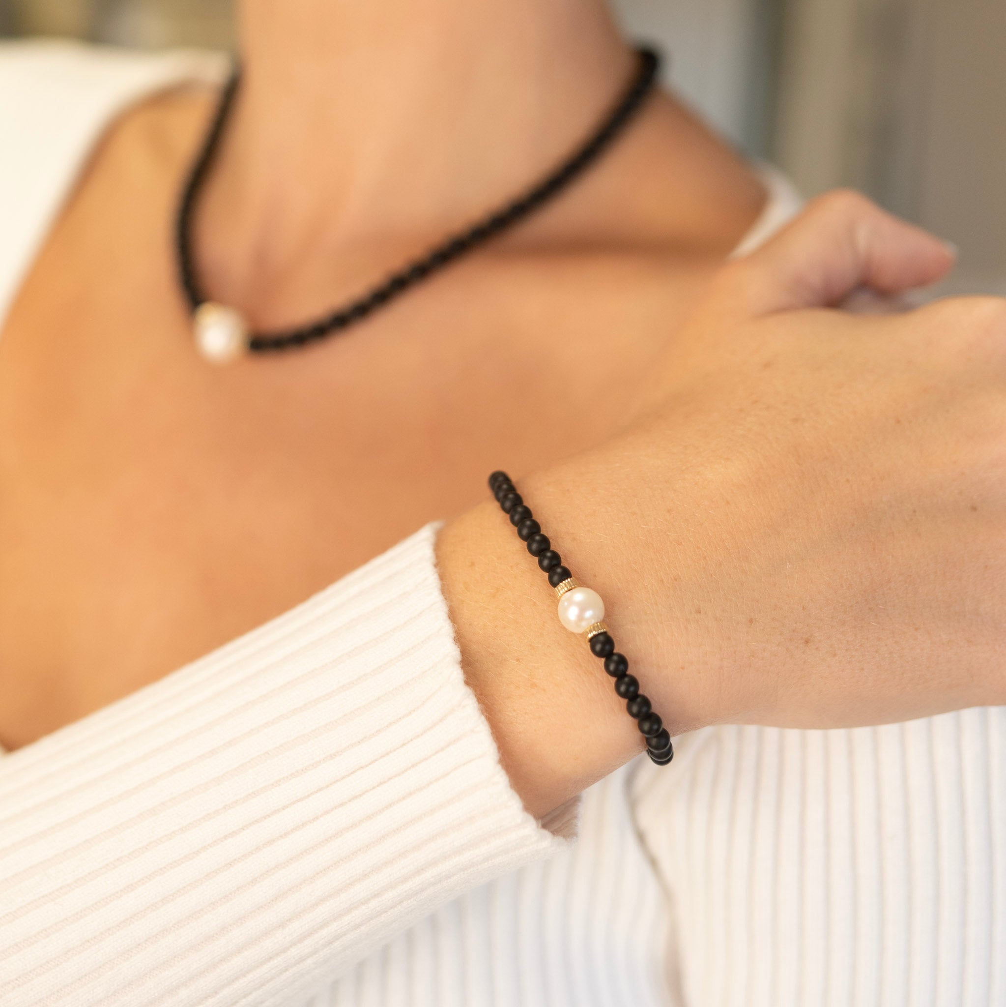 Matte Black Onyx & Freshwater Pearl Bracelet