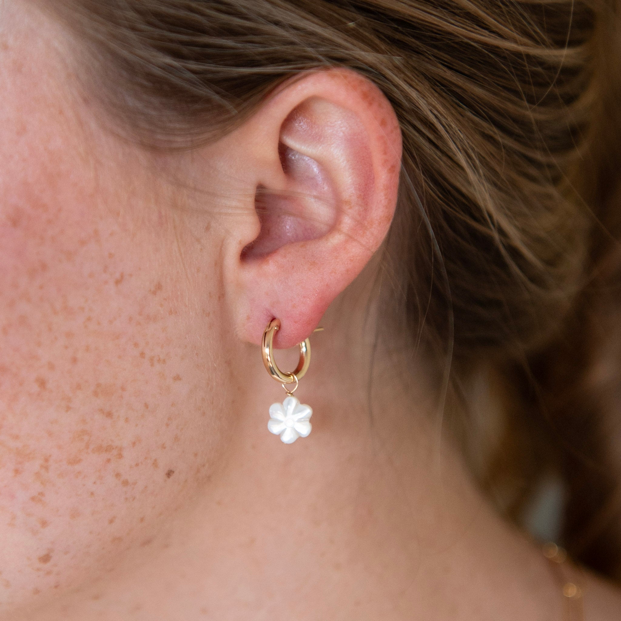Mother of Pearl Flower Hoop Drops - Jewel Ya