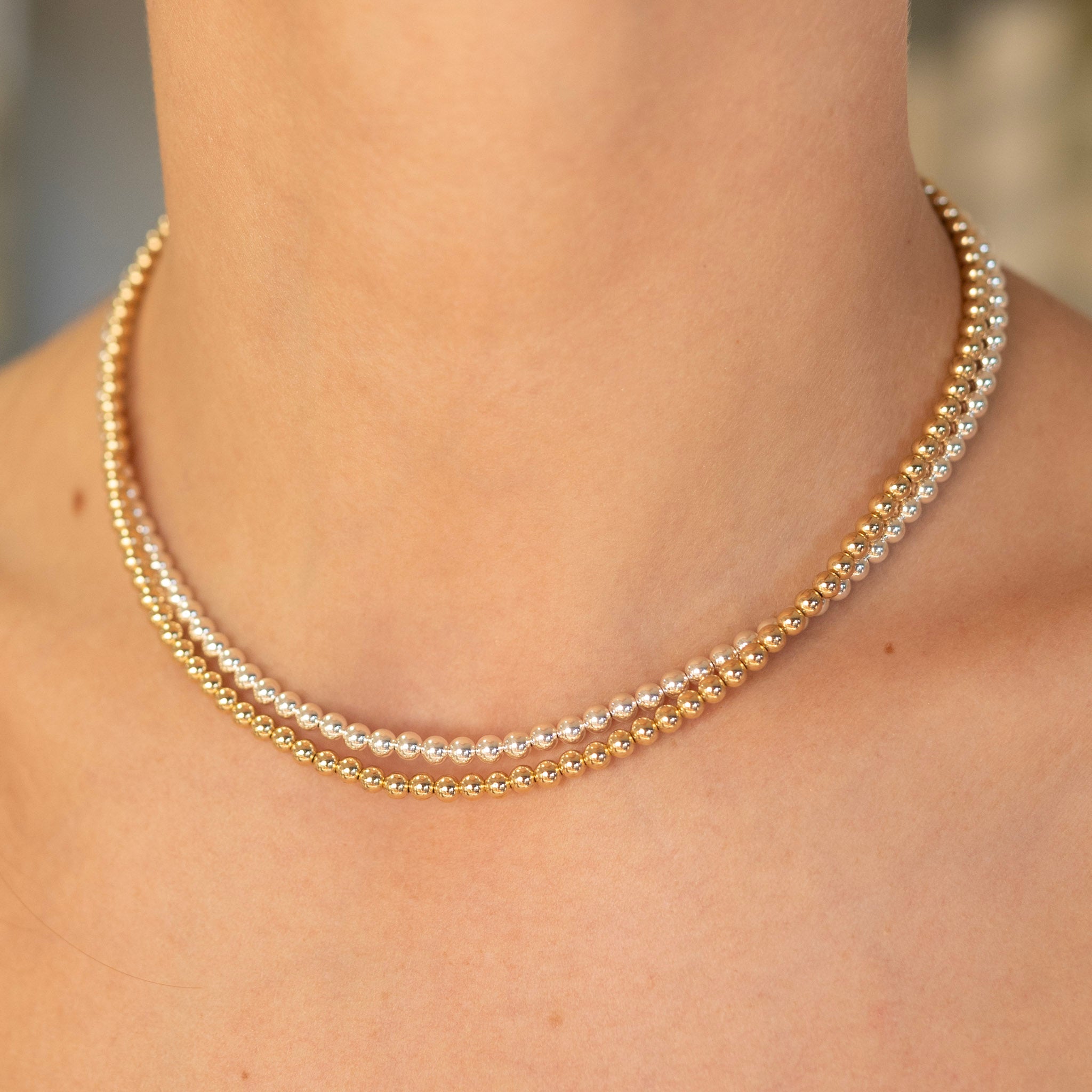 4mm Sterling Silver & 14k Gold Filled Beaded Necklace Layering Set