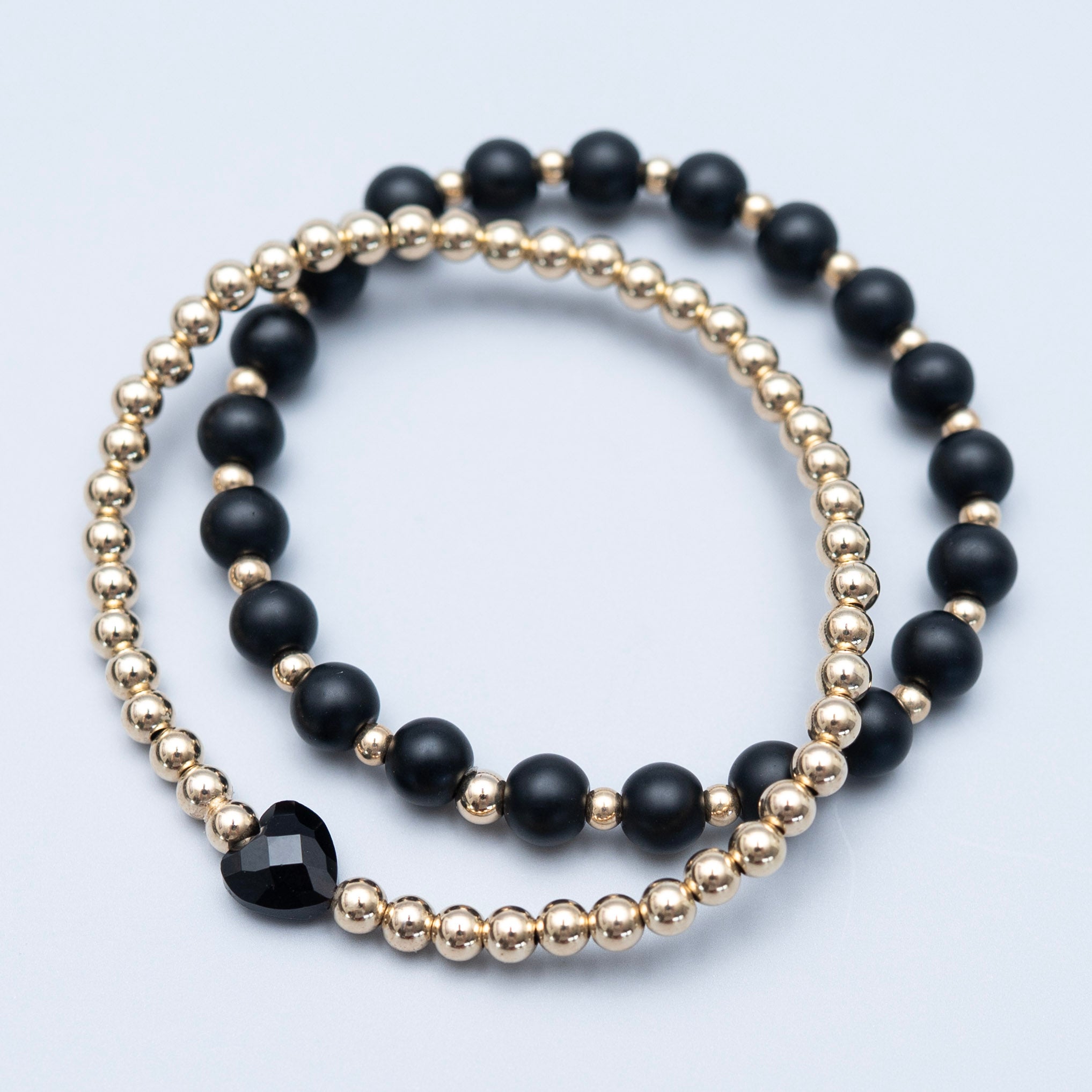6mm Matte Black Onyx & Heart Bracelet Set