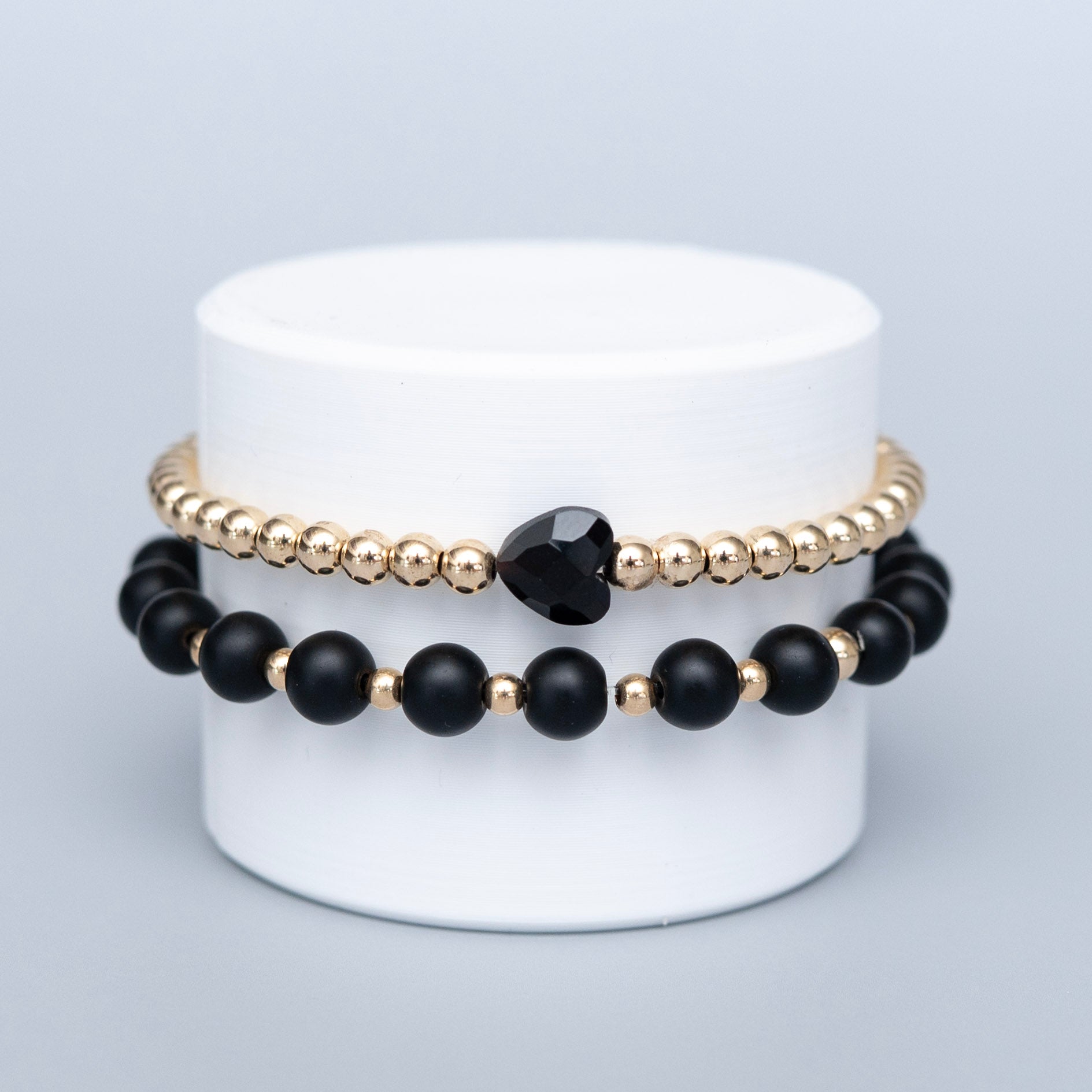 6mm Matte Black Onyx & Heart Bracelet Set