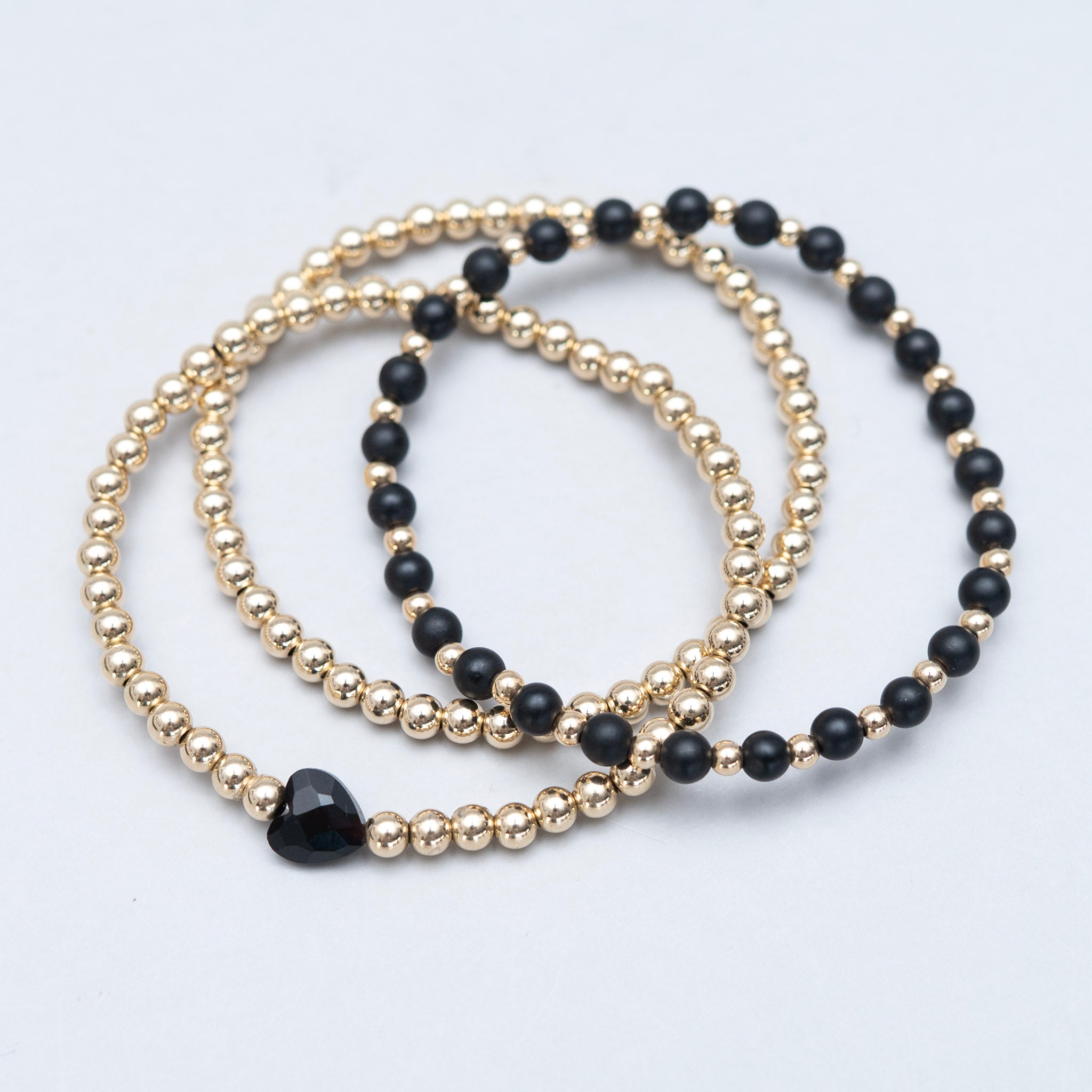 4mm Matte Black Onyx & Beaded Lux Heart Bracelet Set