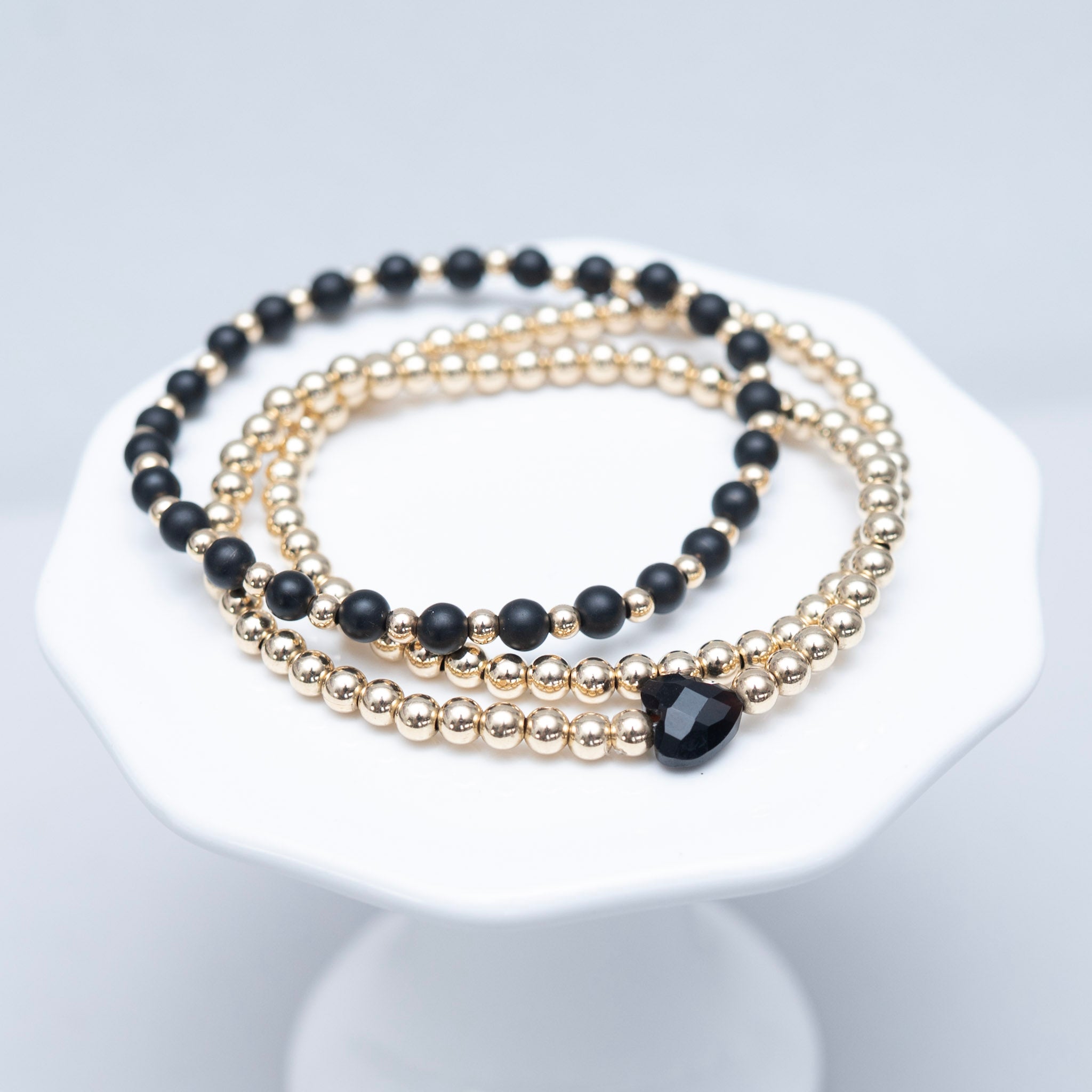 4mm Matte Black Onyx & Beaded Lux Heart Bracelet Set