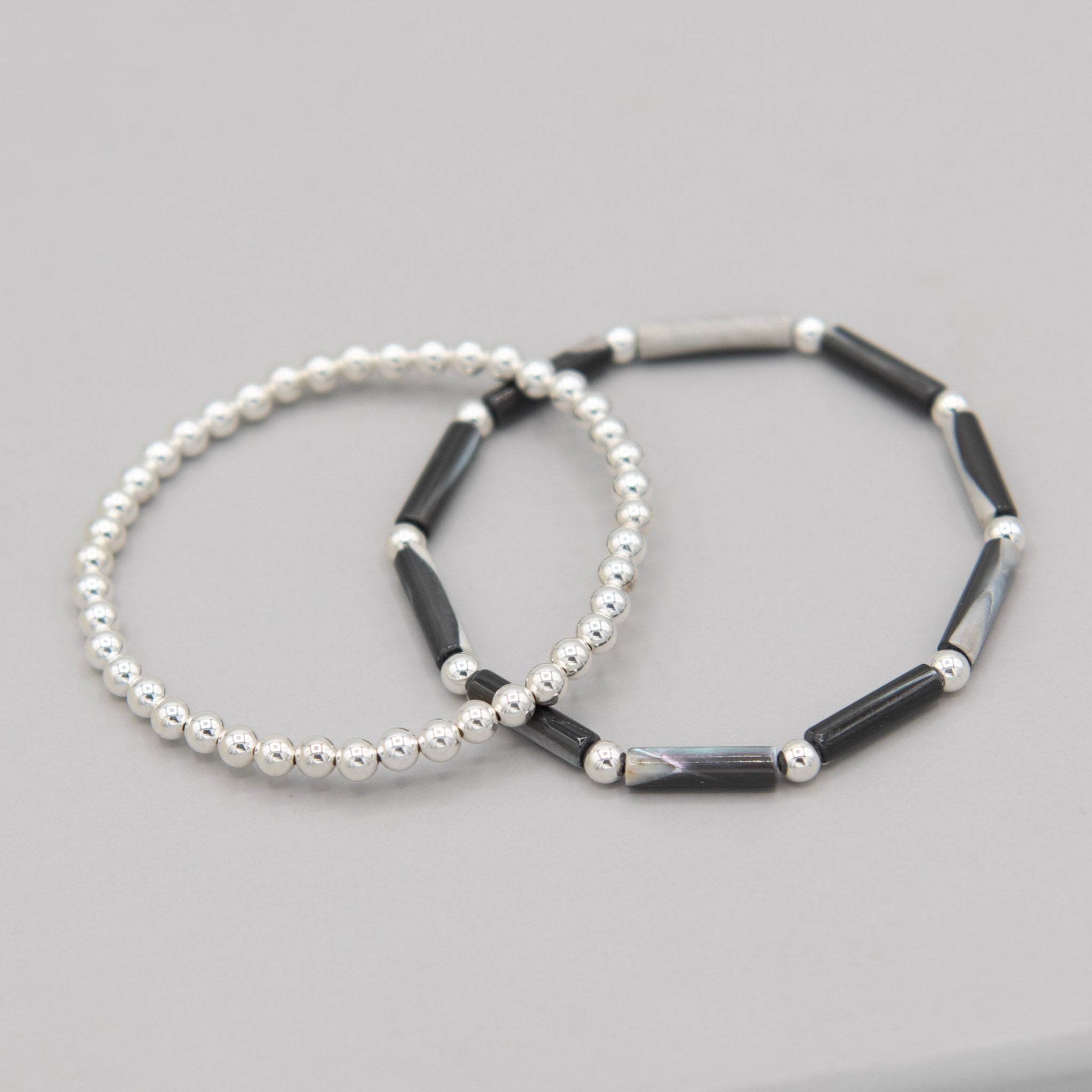 Black Mother of Pearl & 4mm Beaded Lux Bracelet Set