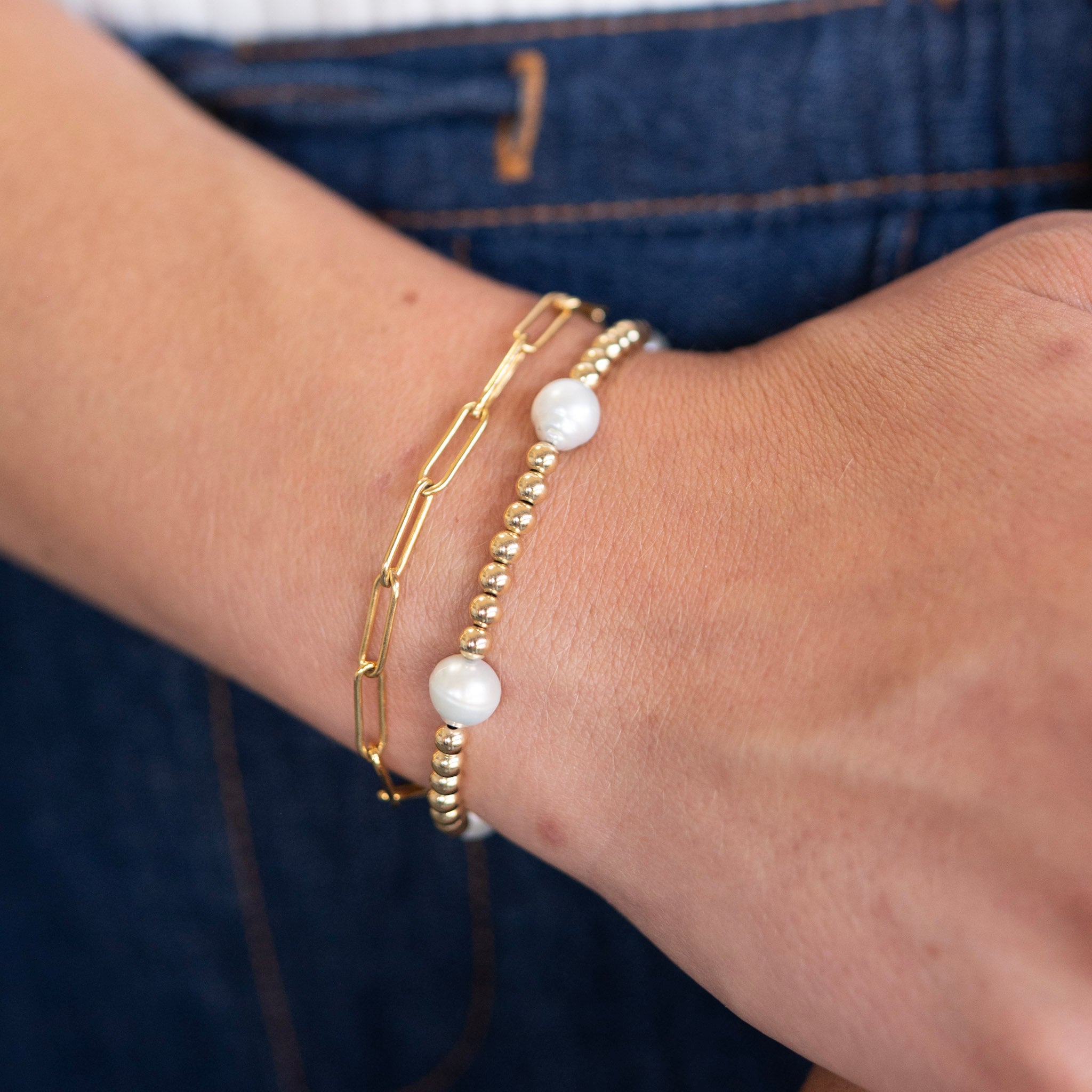 Freshwater Pearl Station & Paperclip Chain Bracelet Set
