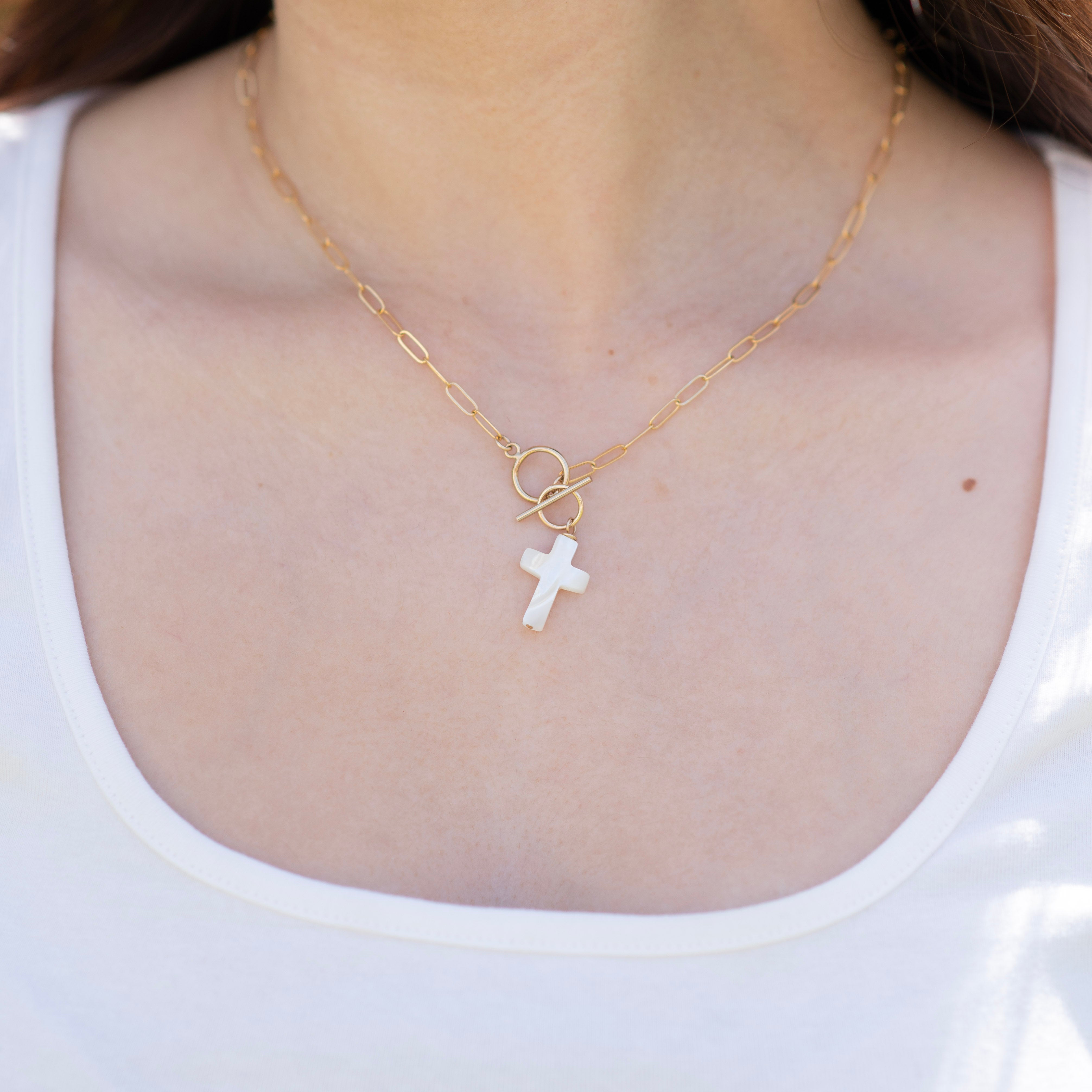 Medium 14k Gold Filled Toggle Necklace & Mother of Pearl Cross Charm Set