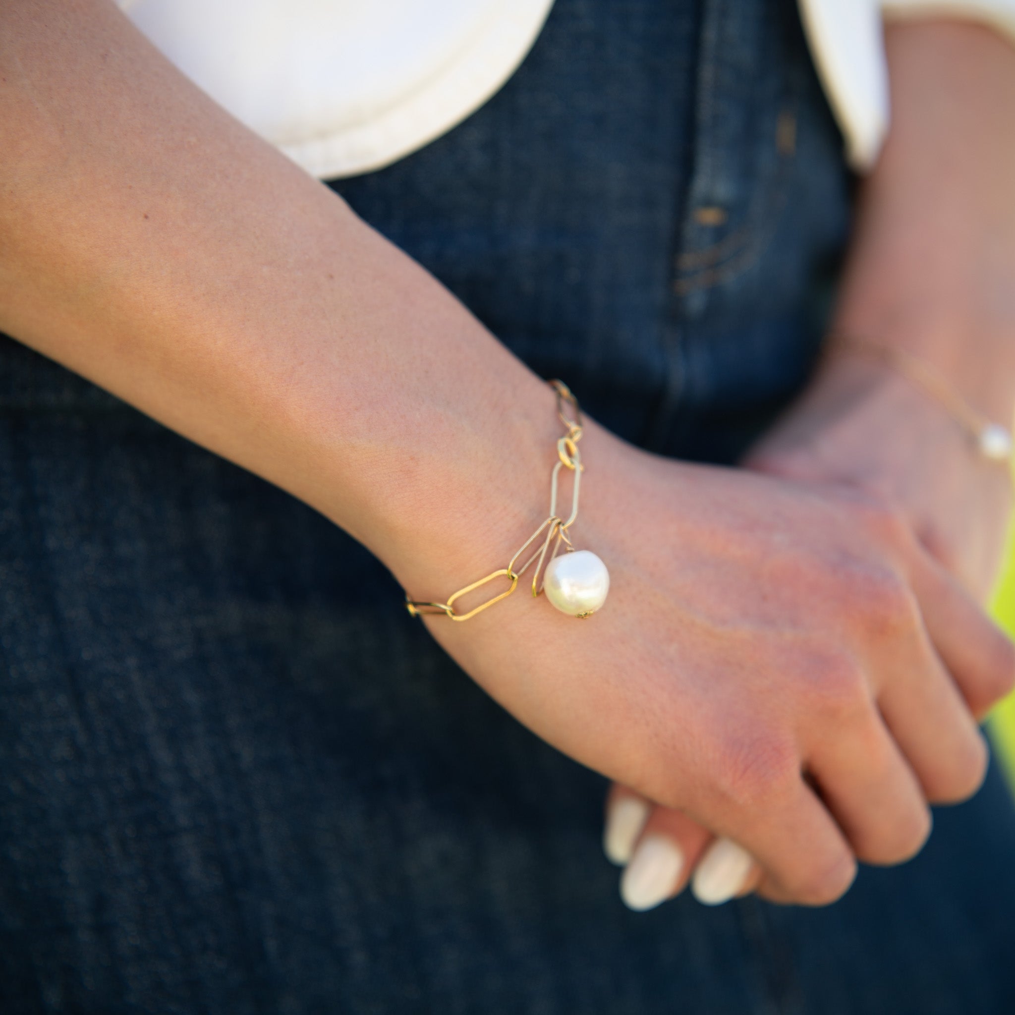 Paperclip & Freshwater Pearl Charm Bracelet - Jewel Ya