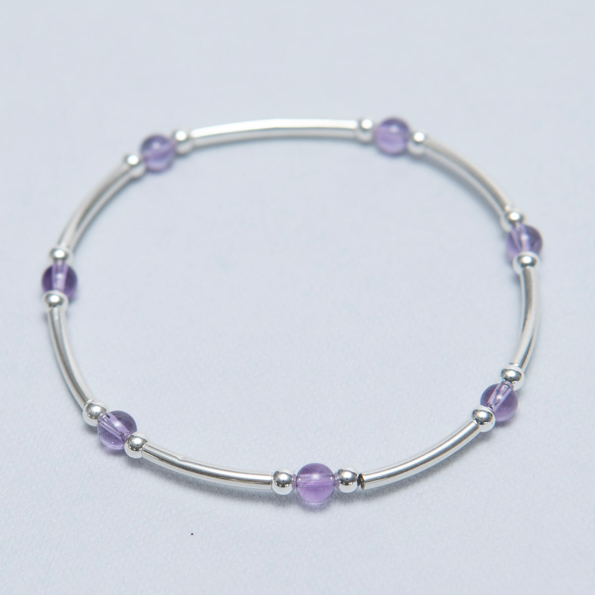 February Amethyst Silver Beaded Lux Tube Bracelet - Jewel Ya
