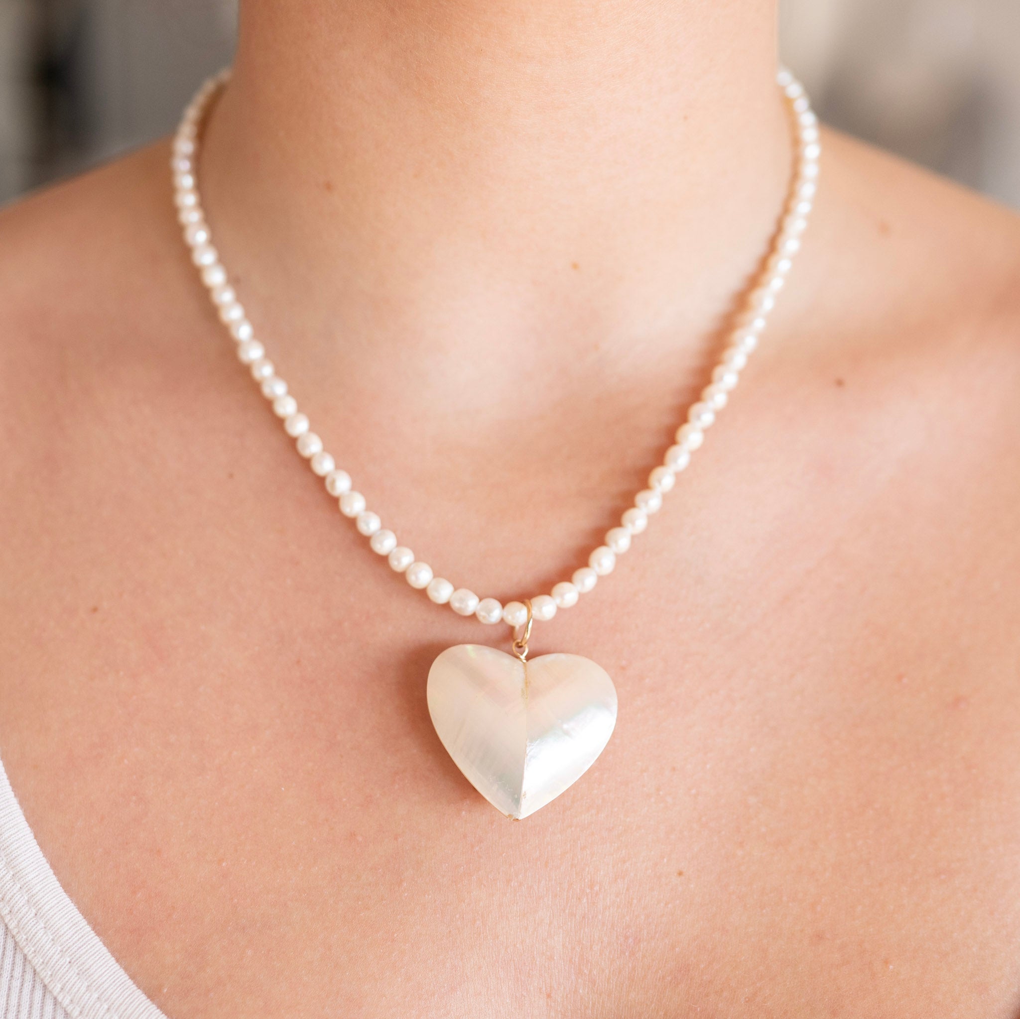 Freshwater Pearls & Puffy Shell Heart Beaded Necklace