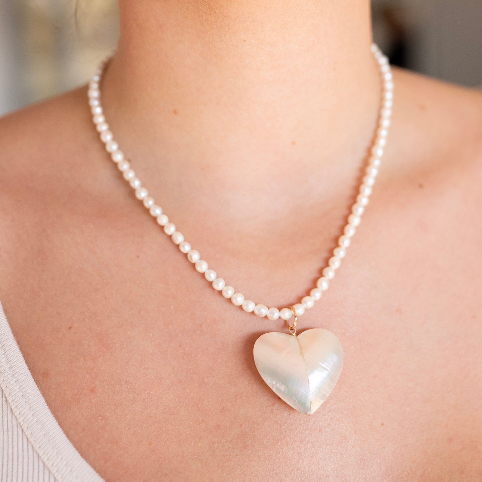 Freshwater Pearls & Puffy Shell Heart Beaded Necklace