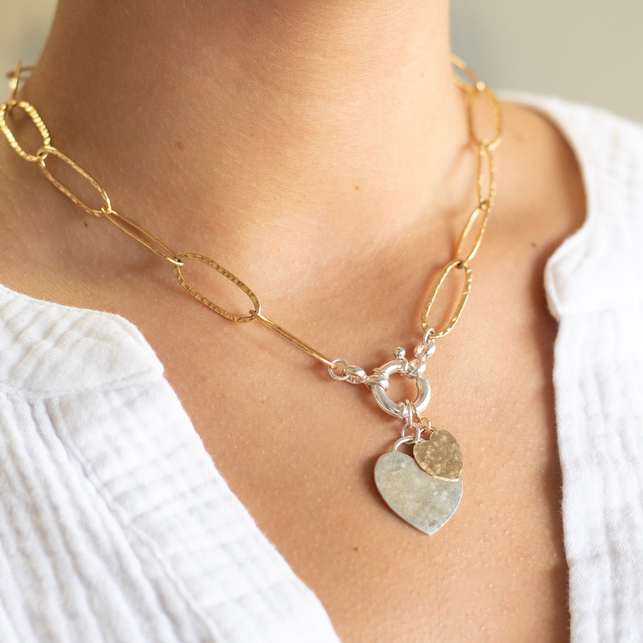 Heavy Hammered Chain Bolt Clasp & Heart Charm Necklace