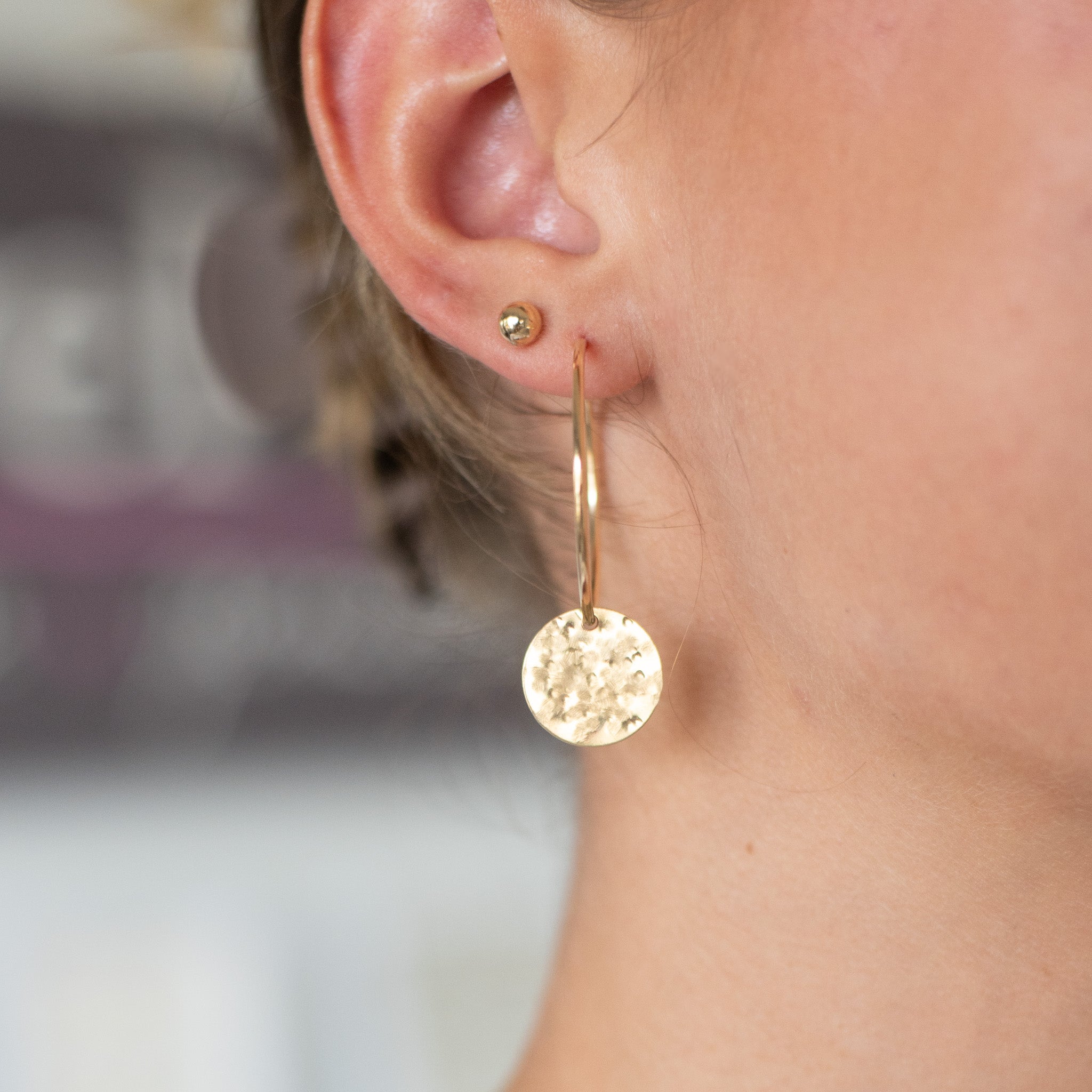 Large Coin Hammered 14k Gold Filled Hoop Drops