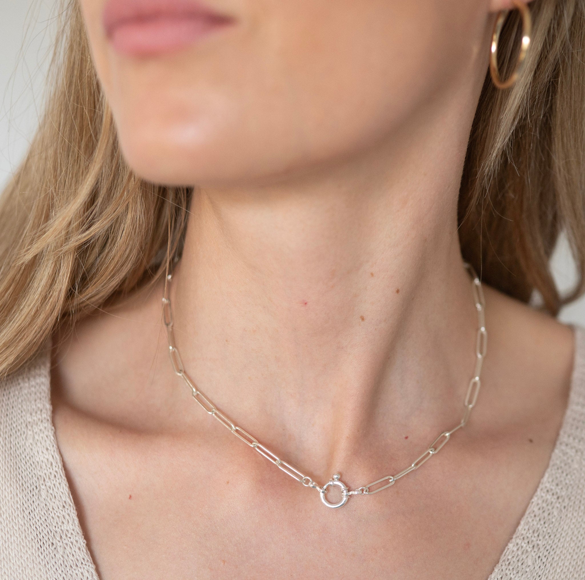 Large Sterling Silver Chain & Bolt Clasp Necklace